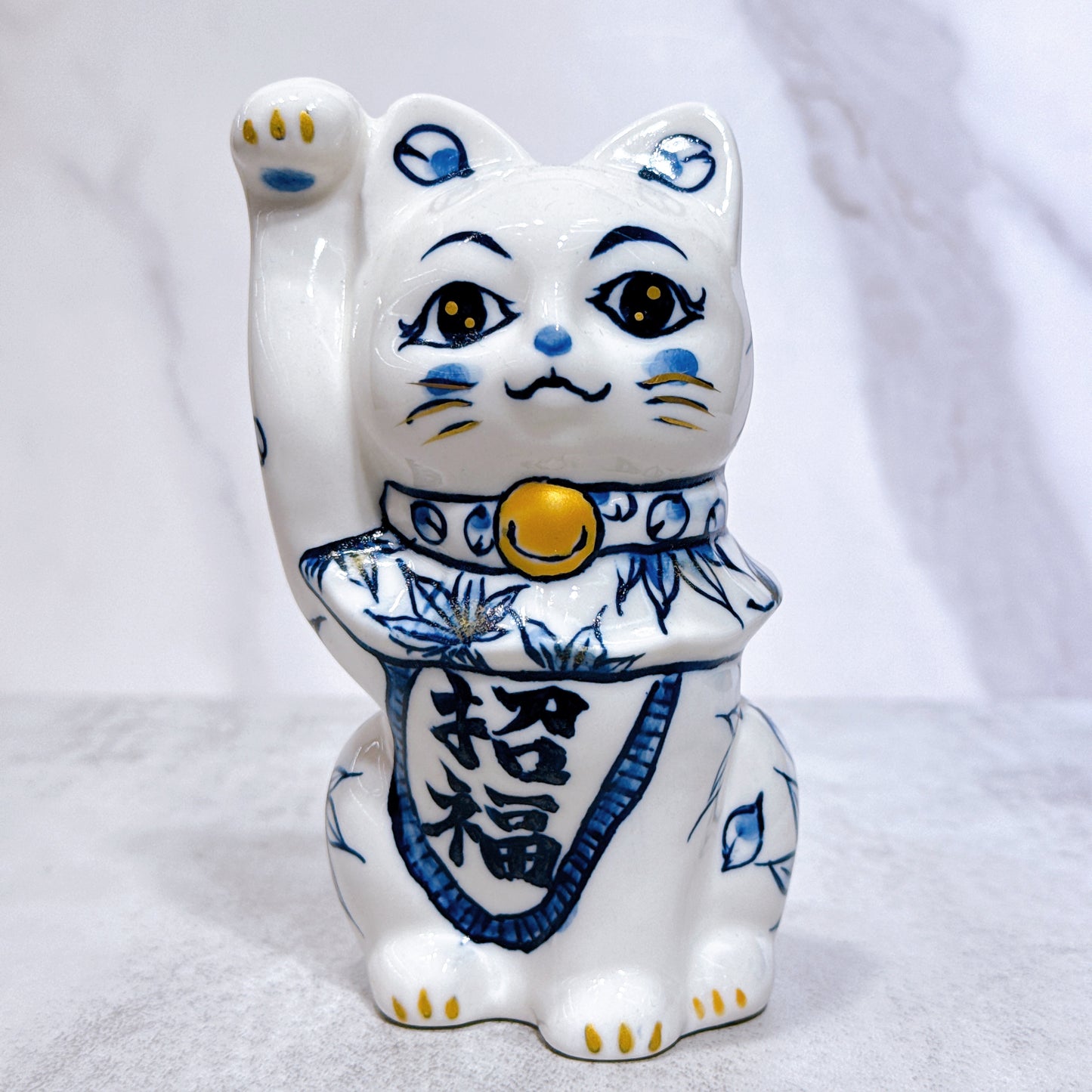 日本清水燒招財貓 染付 雲錦 金彩