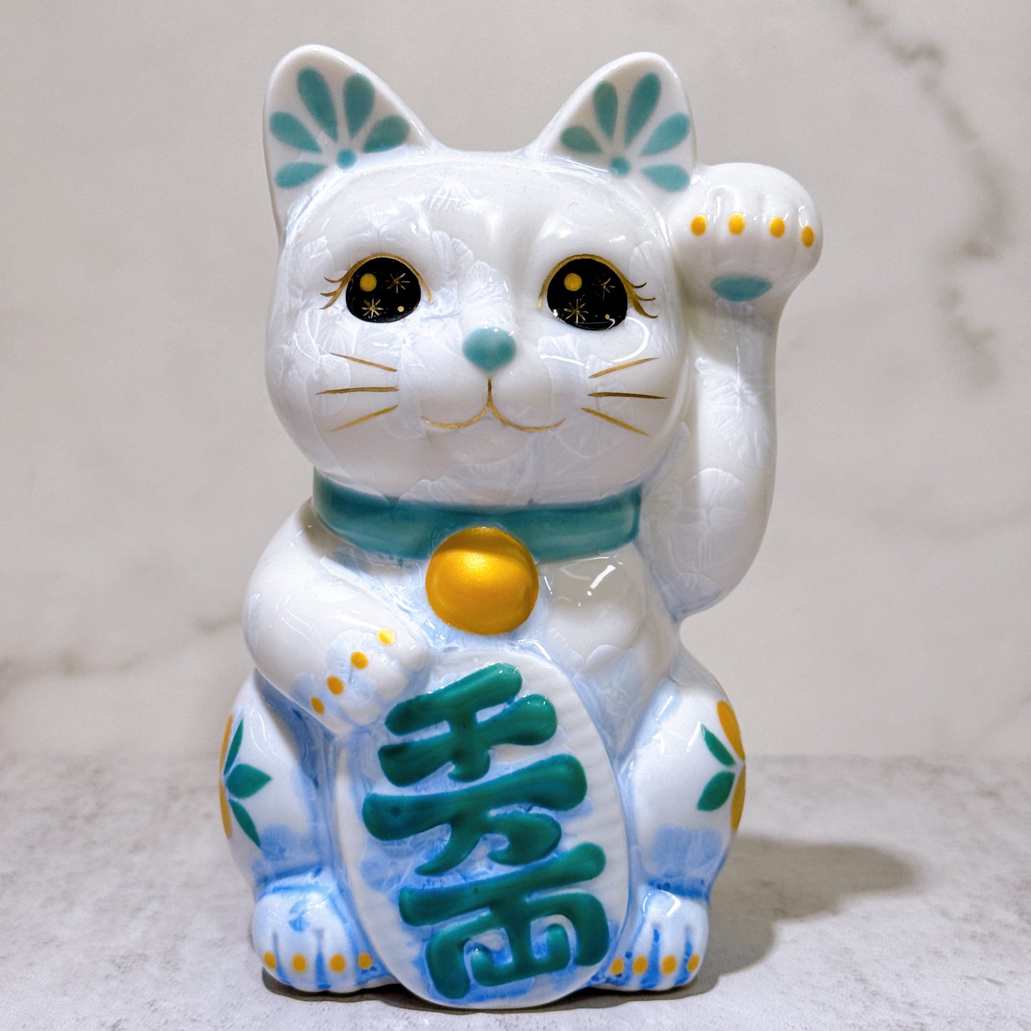 日本清水燒招財貓 花結晶 青白 千萬両 体花 左