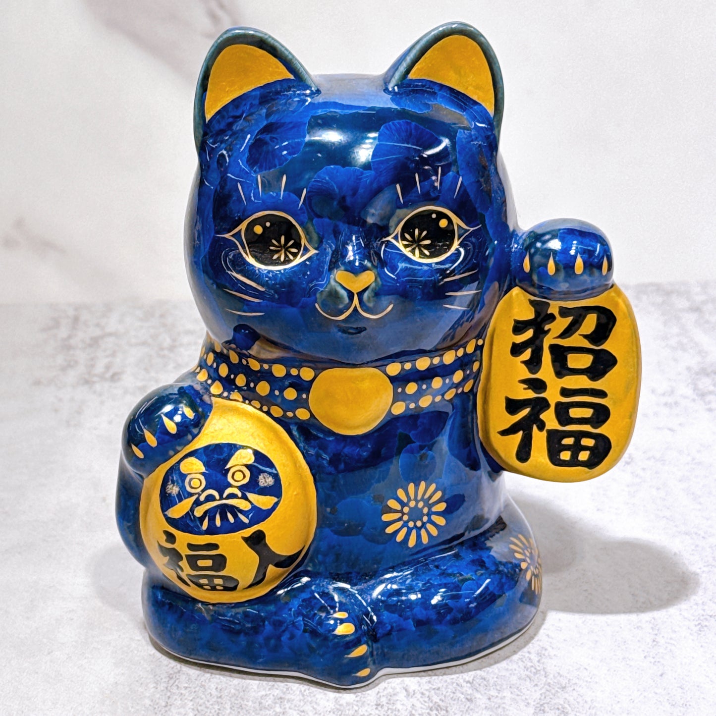 日本清水燒招財貓 達摩 花結晶 青墨 招福