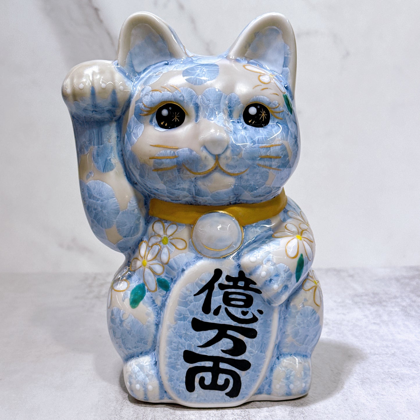 日本清水燒招財貓 花結晶 銀藤 億万両 体花 特大 右