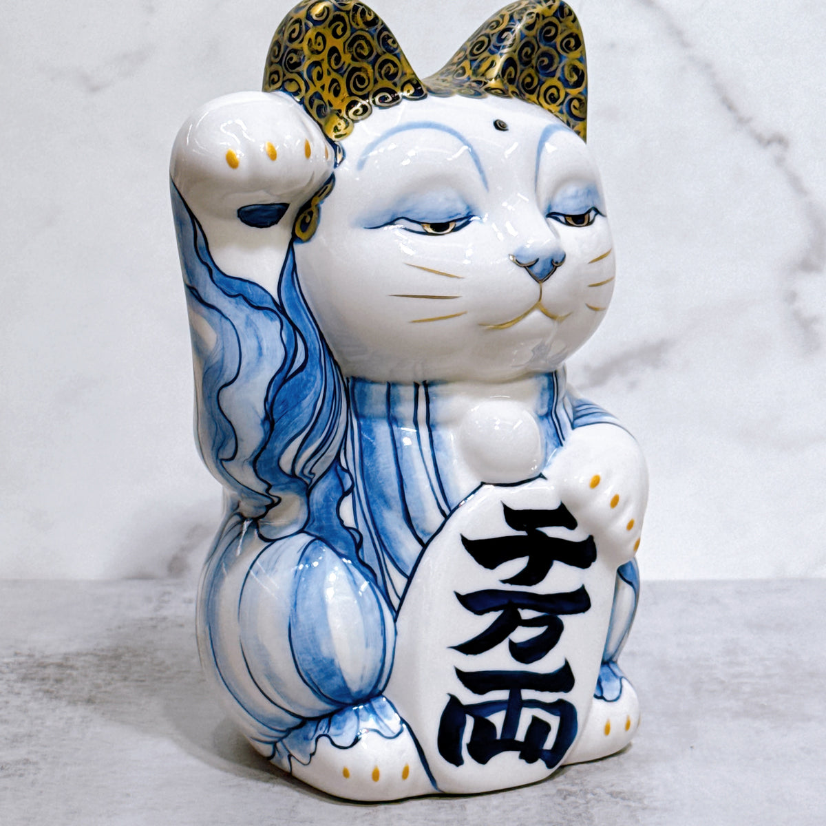 日本清水燒招財貓 染付 金彩 佛陀 特大
