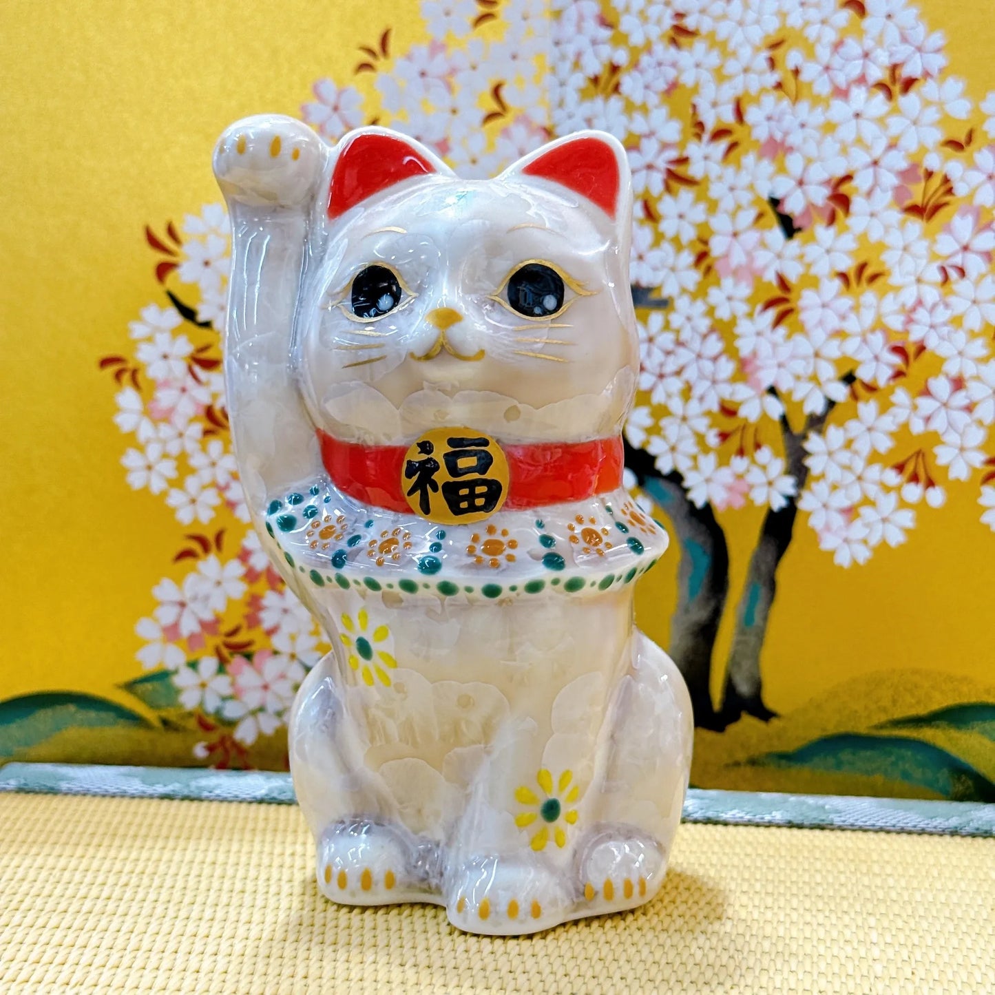 日本清水燒招財貓 花結晶 杏 億万両