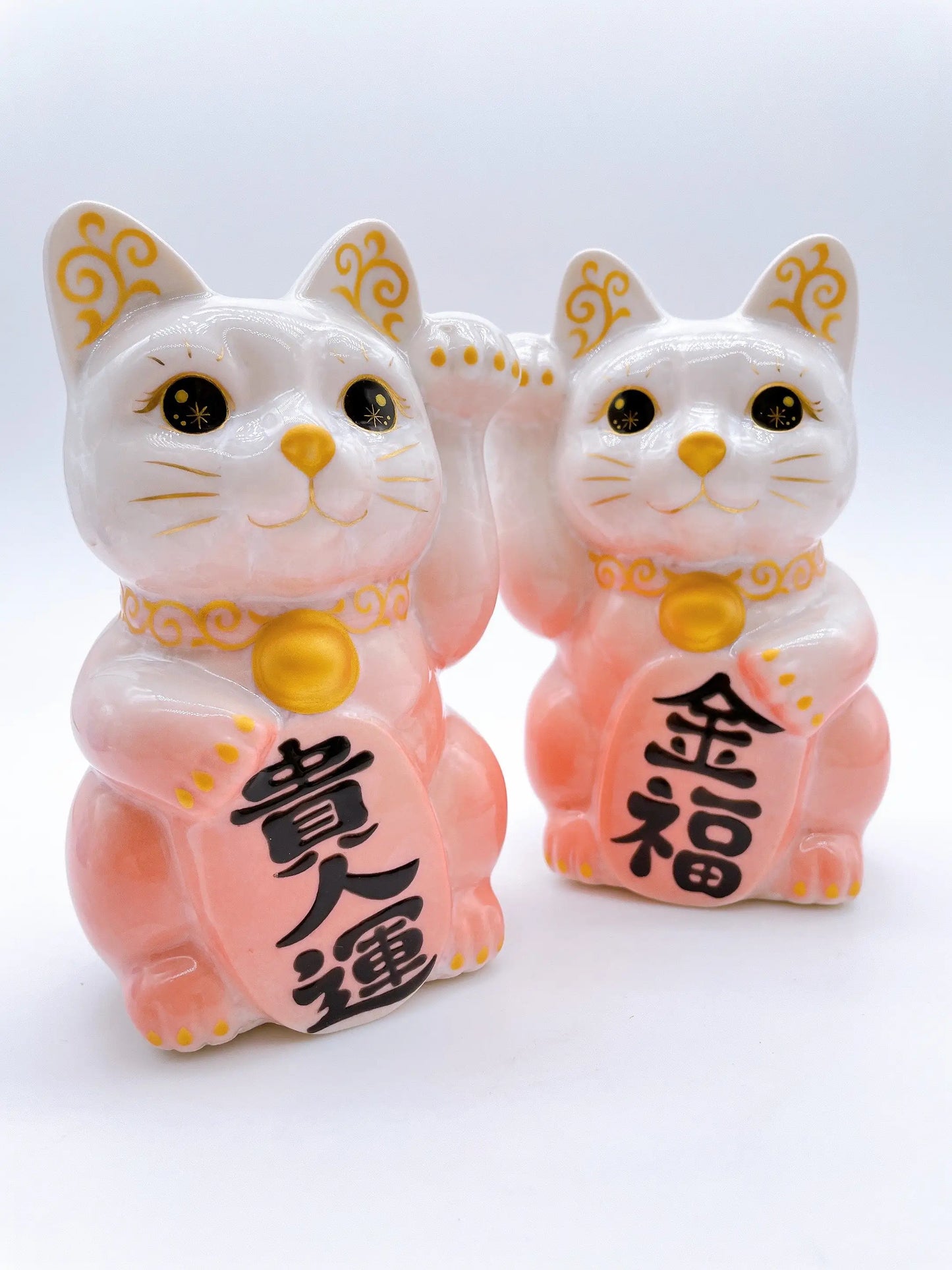 日本清水烧招财猫 花结晶 桃白 贵人运
