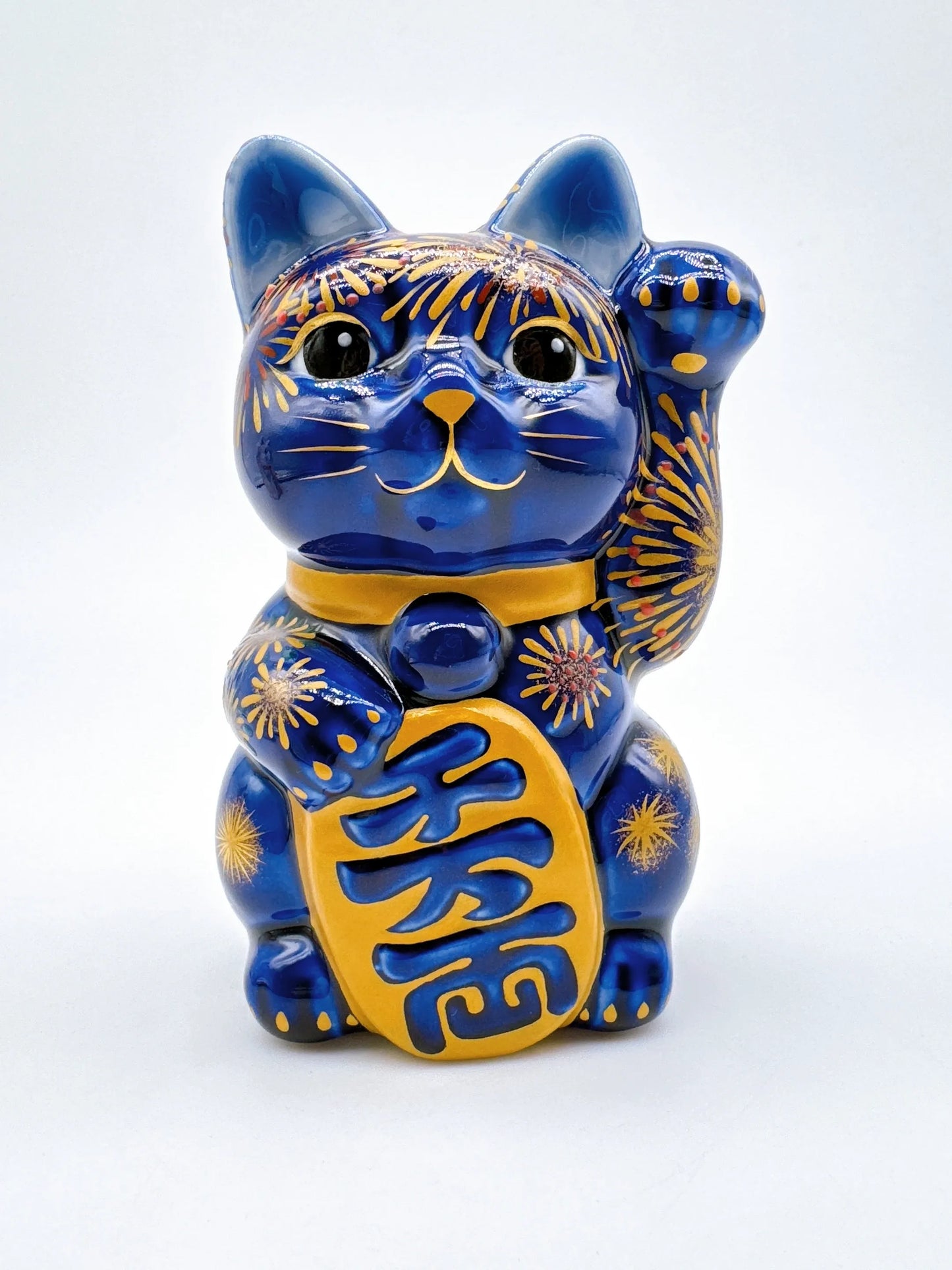 日本清水烧招财猫 色绘 花火