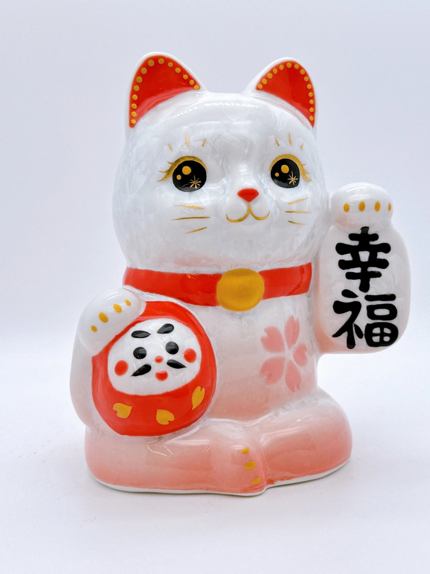 日本清水燒招財貓 達摩 花結晶 桃白 幸福