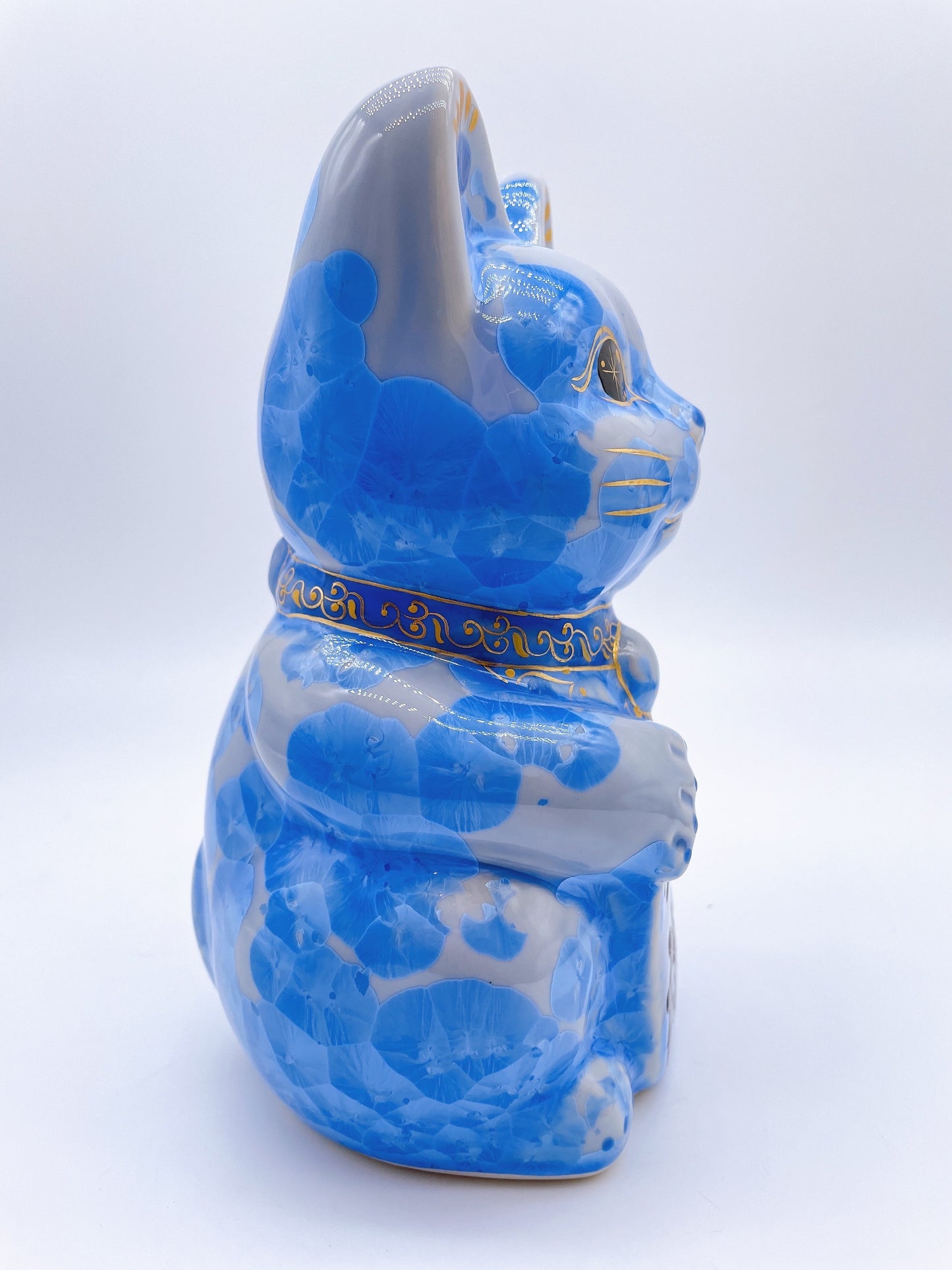 日本清水燒招財貓 花結晶 金彩青 特大
