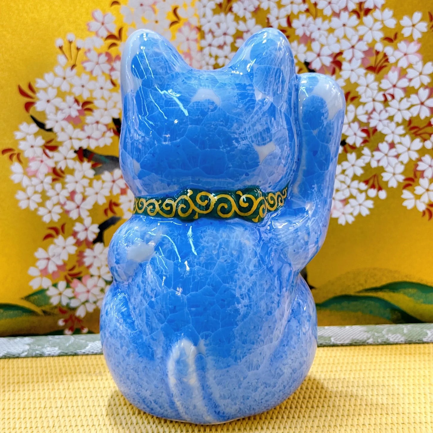 日本清水燒招財貓 花結晶 青 健康 右