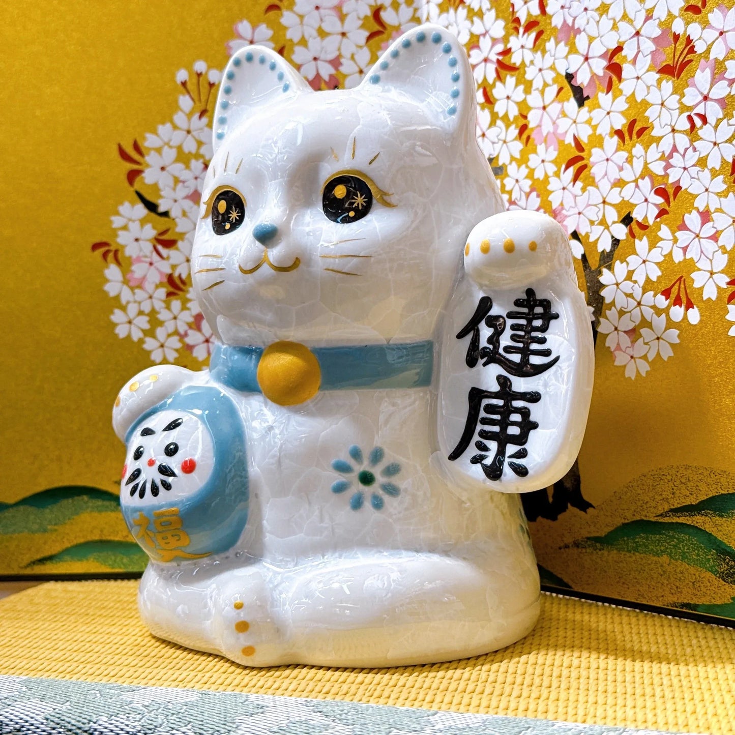 日本清水燒招財貓 達摩 花結晶 白 健康