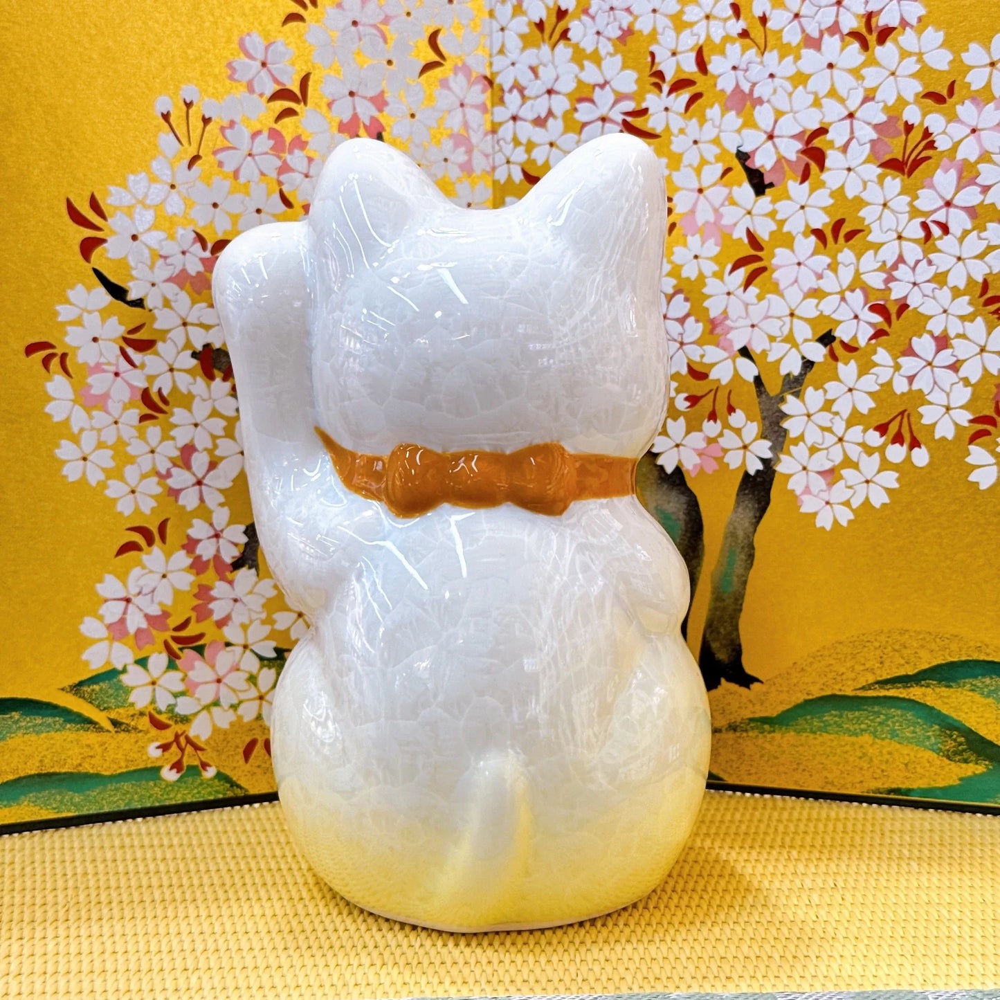 日本清水燒招財貓 花結晶 黃白 億万両 左