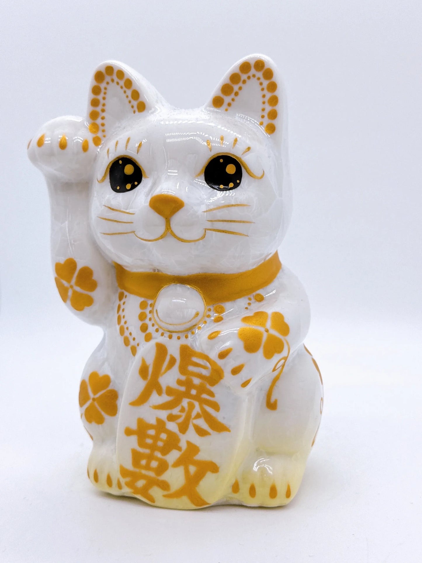 日本清水燒招財貓 花結晶 黃白 体花 爆數 右