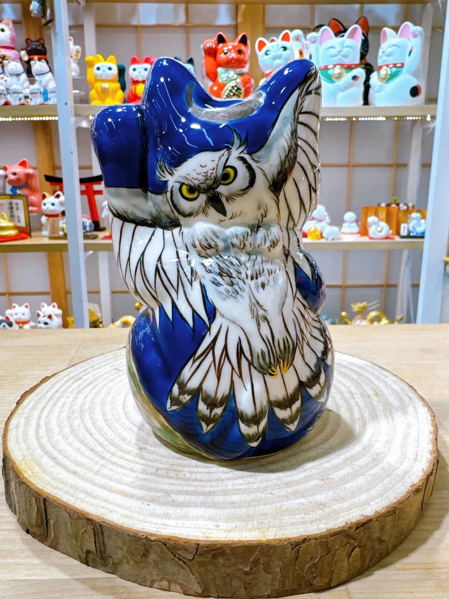 日本清水烧招财猫 琉璃 猫头鹰