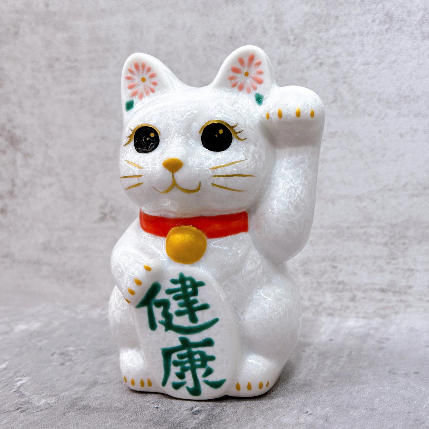 日本清水燒招財貓 花結晶 白 健康 左 特小