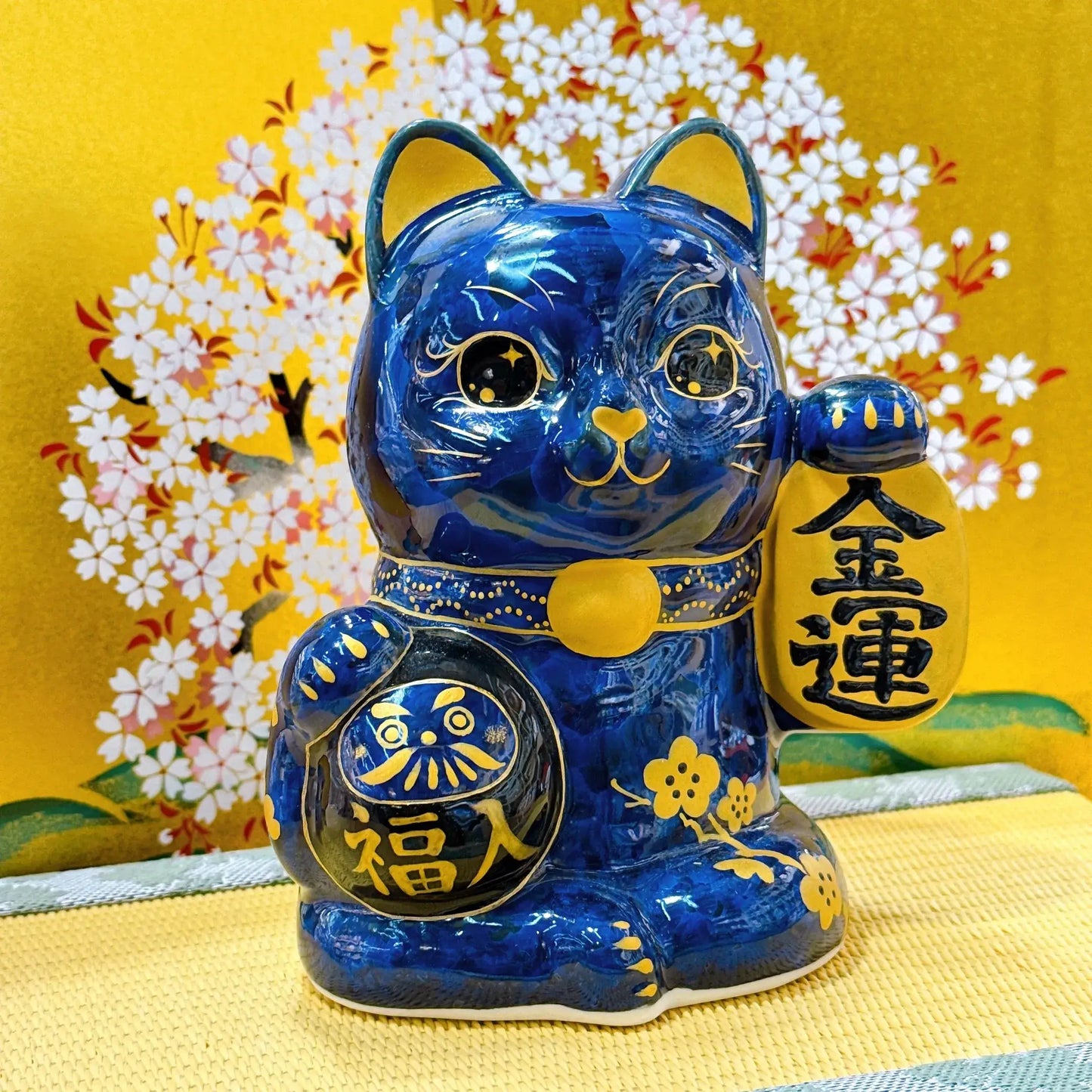 日本清水燒招財貓 達摩 花結晶 青墨 金運