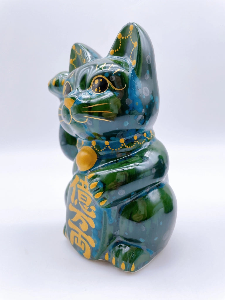 日本清水烧招财猫 古地深绿 亿万两 右