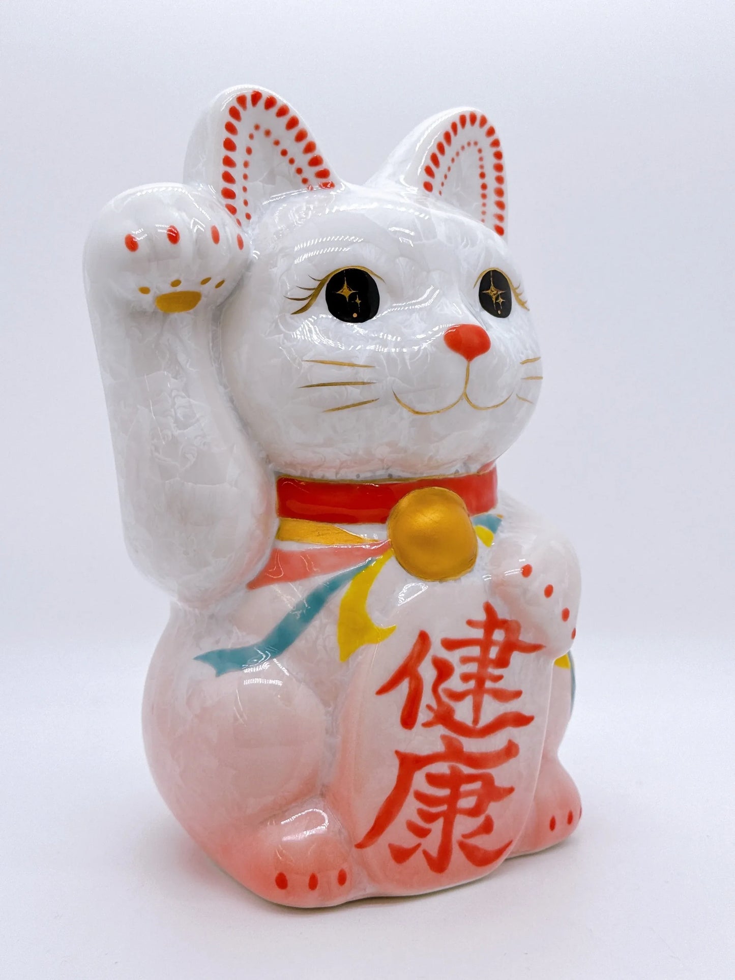日本清水燒招財貓 花結晶 桃白 健康 特大 右