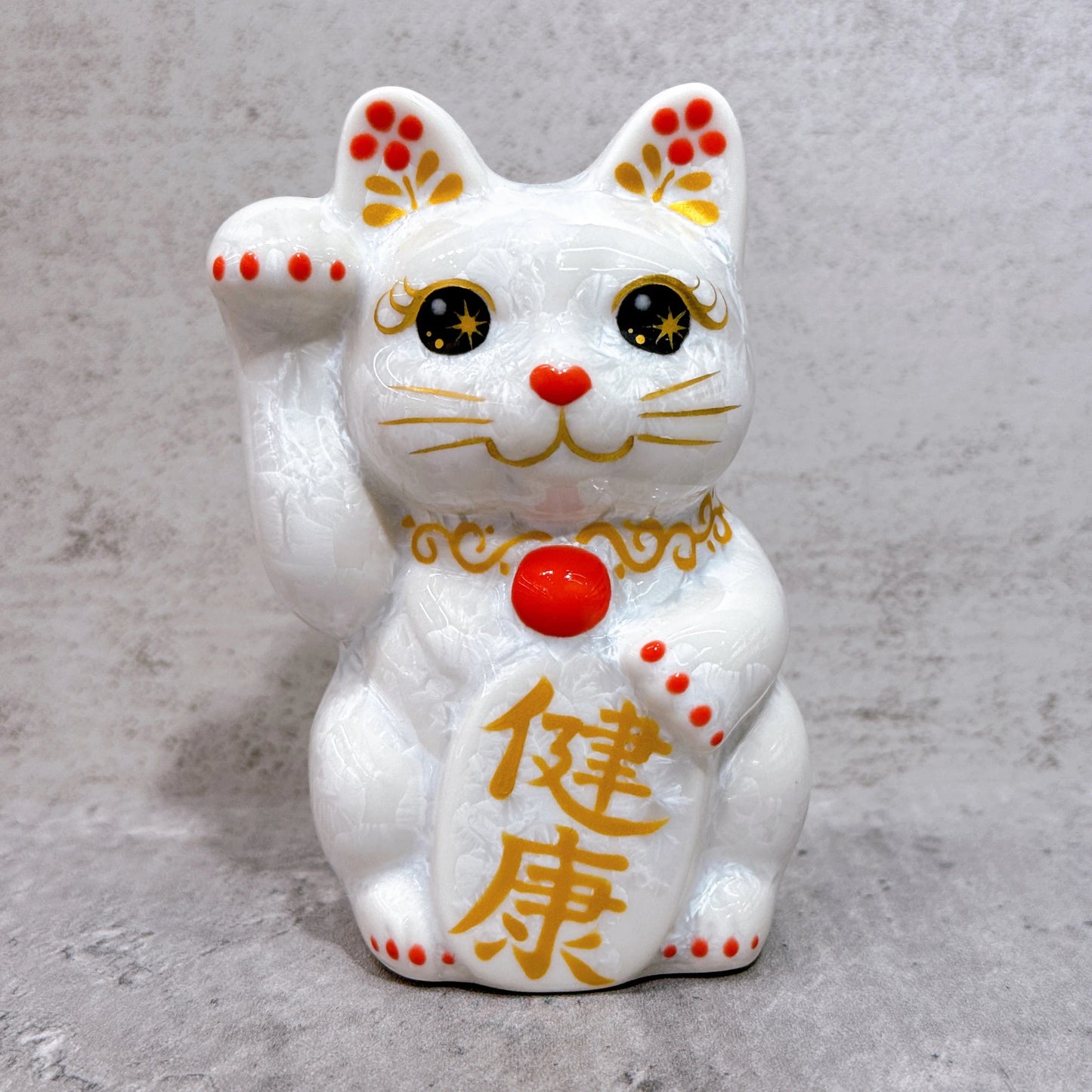 日本清水燒招財貓 花結晶 白 健康 右 特小