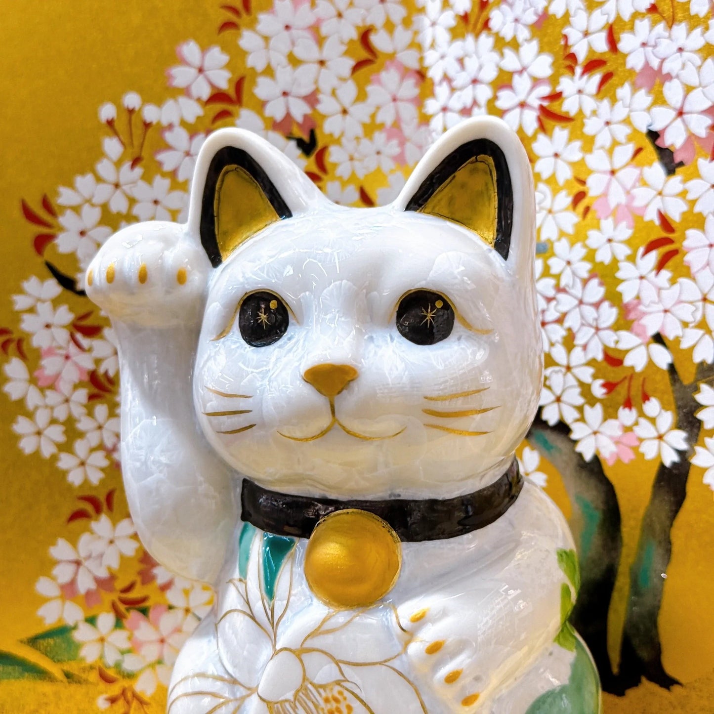 日本清水燒招財貓 花結晶 白 千万両 体花 右