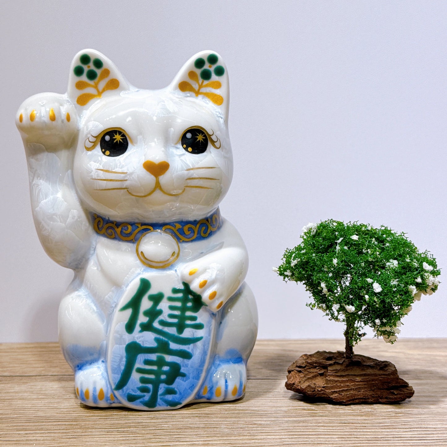 日本清水燒招財貓 花結晶 青白 健康 右