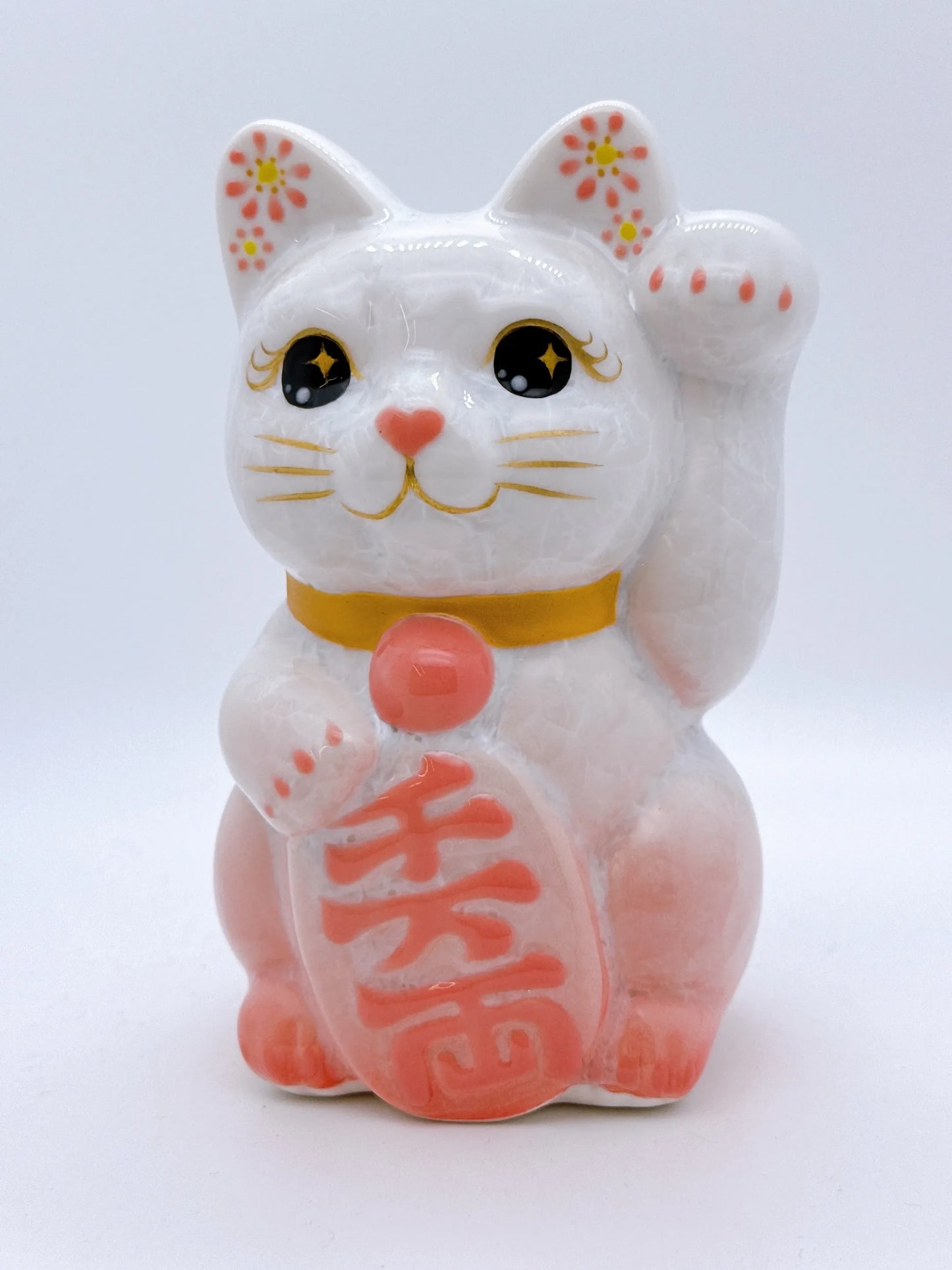 日本清水燒招財貓 花結晶 桃白 千万両 左