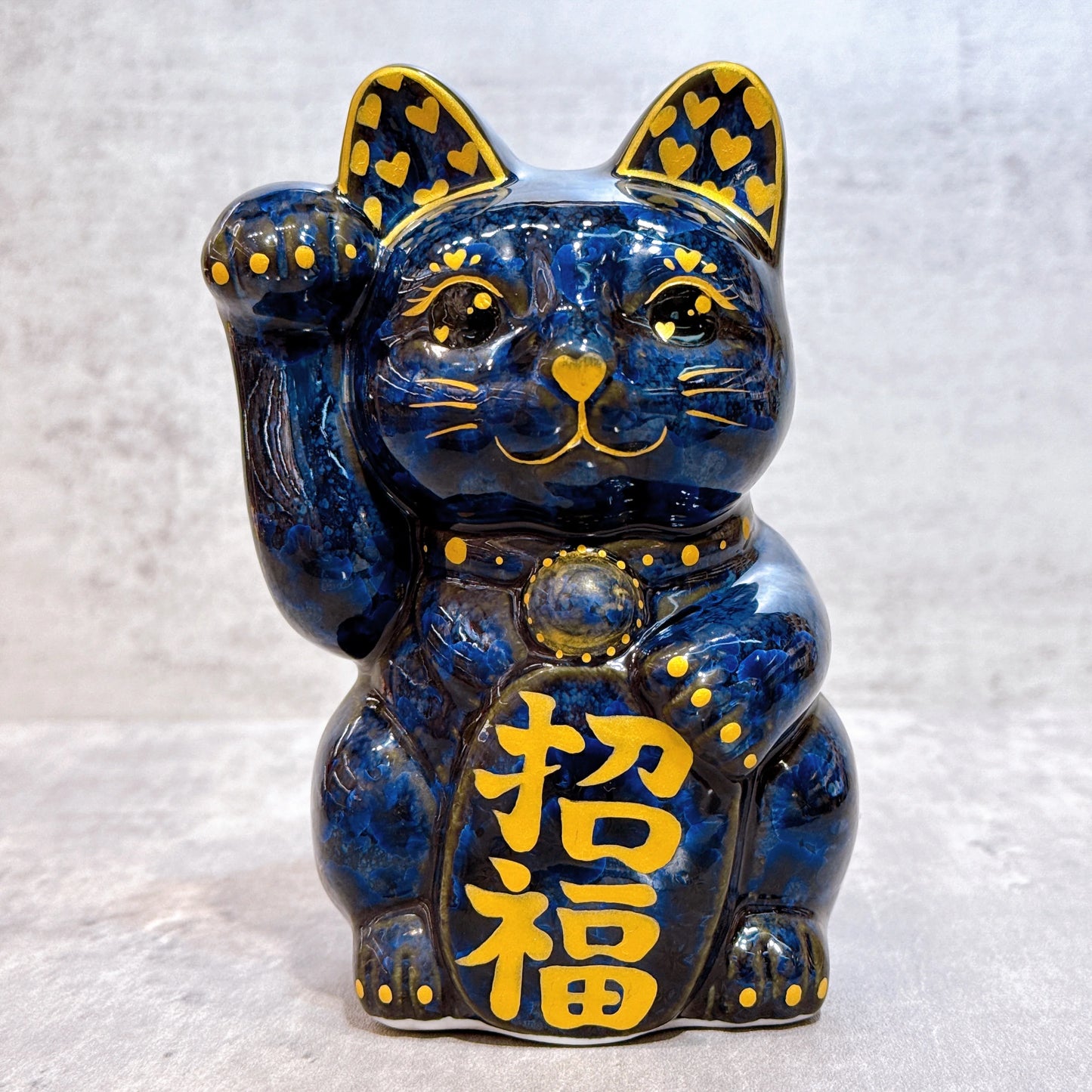 日本清水燒招財貓 青墨 金彩心 招福