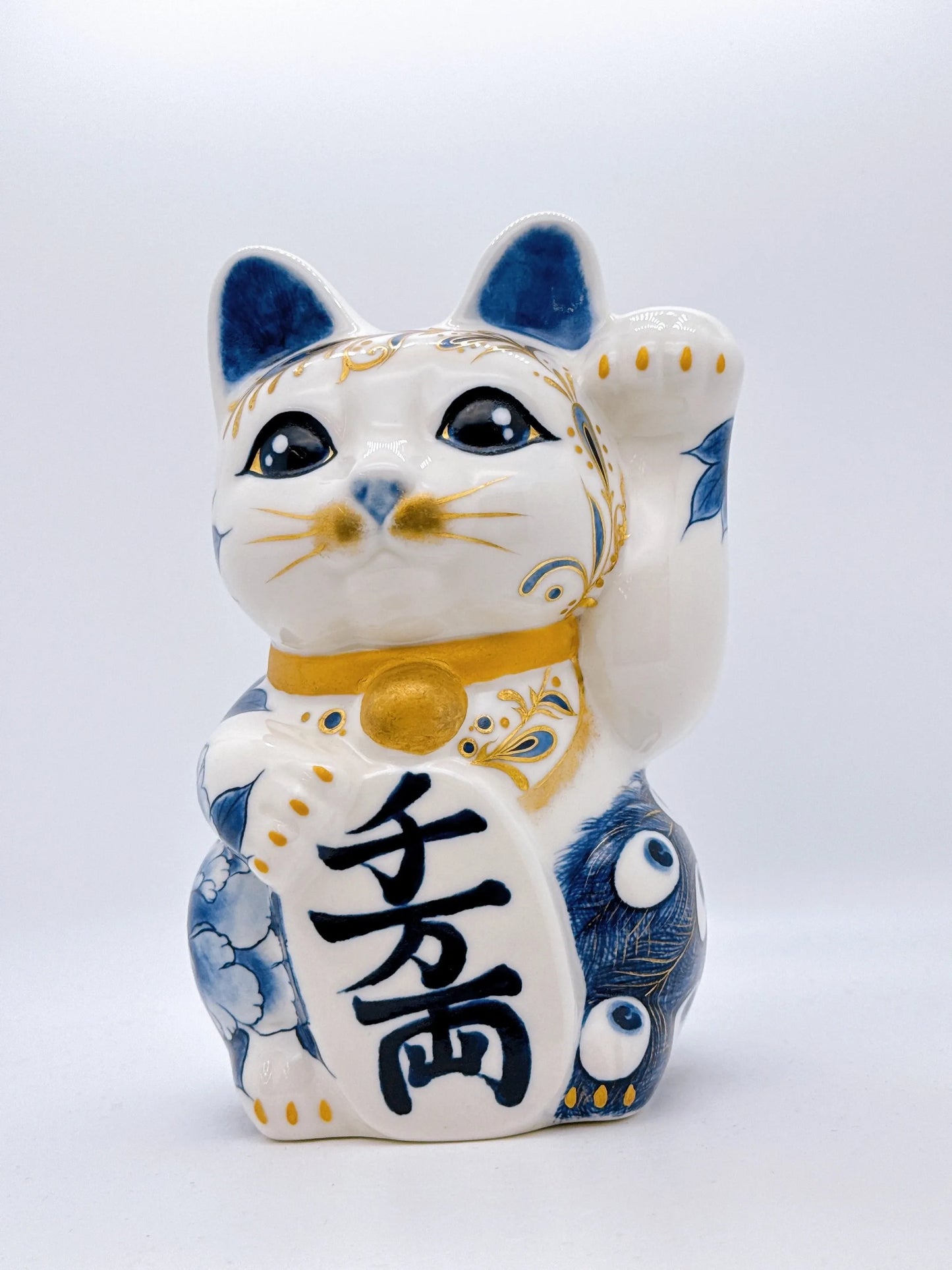 日本清水燒招財貓 染付 金彩 孔雀牡丹圖 特大