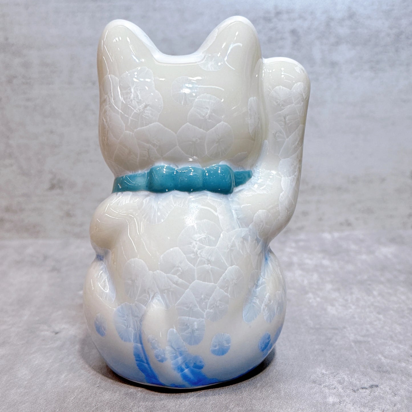 日本清水燒招財貓 花結晶 青白 招福 右