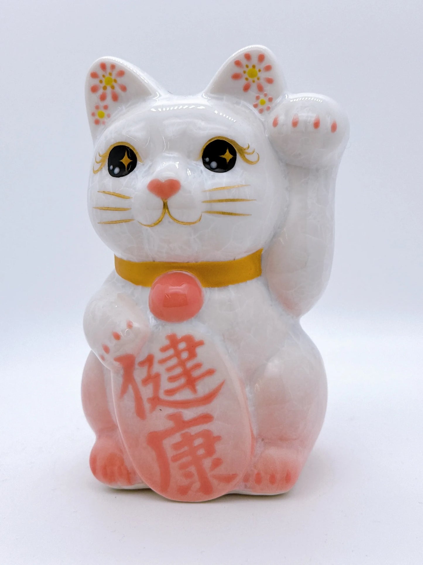 日本清水燒招財貓 花結晶 桃白 健康 左