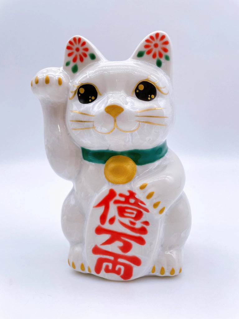 日本清水烧招财猫 花结晶 白 亿万两 右