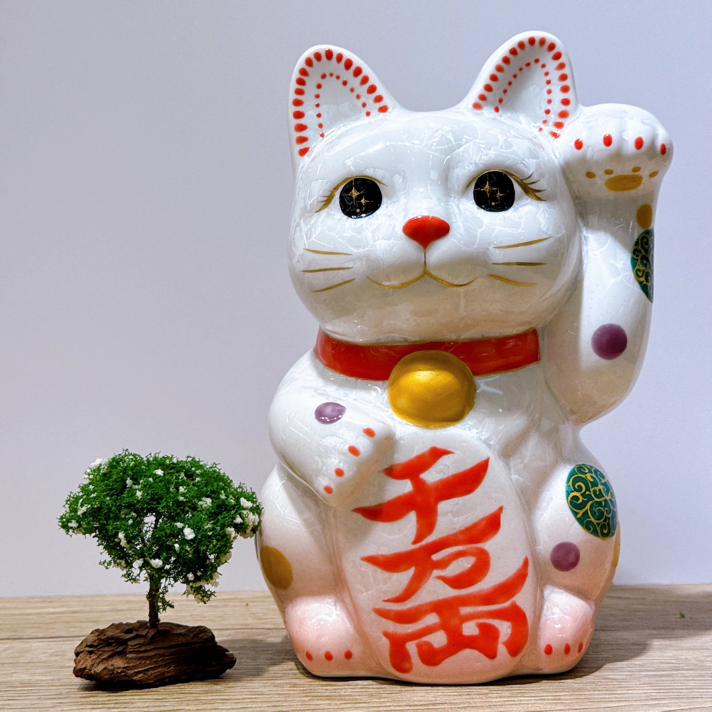 日本清水燒招財貓 花結晶 桃白 千万両 特大 左