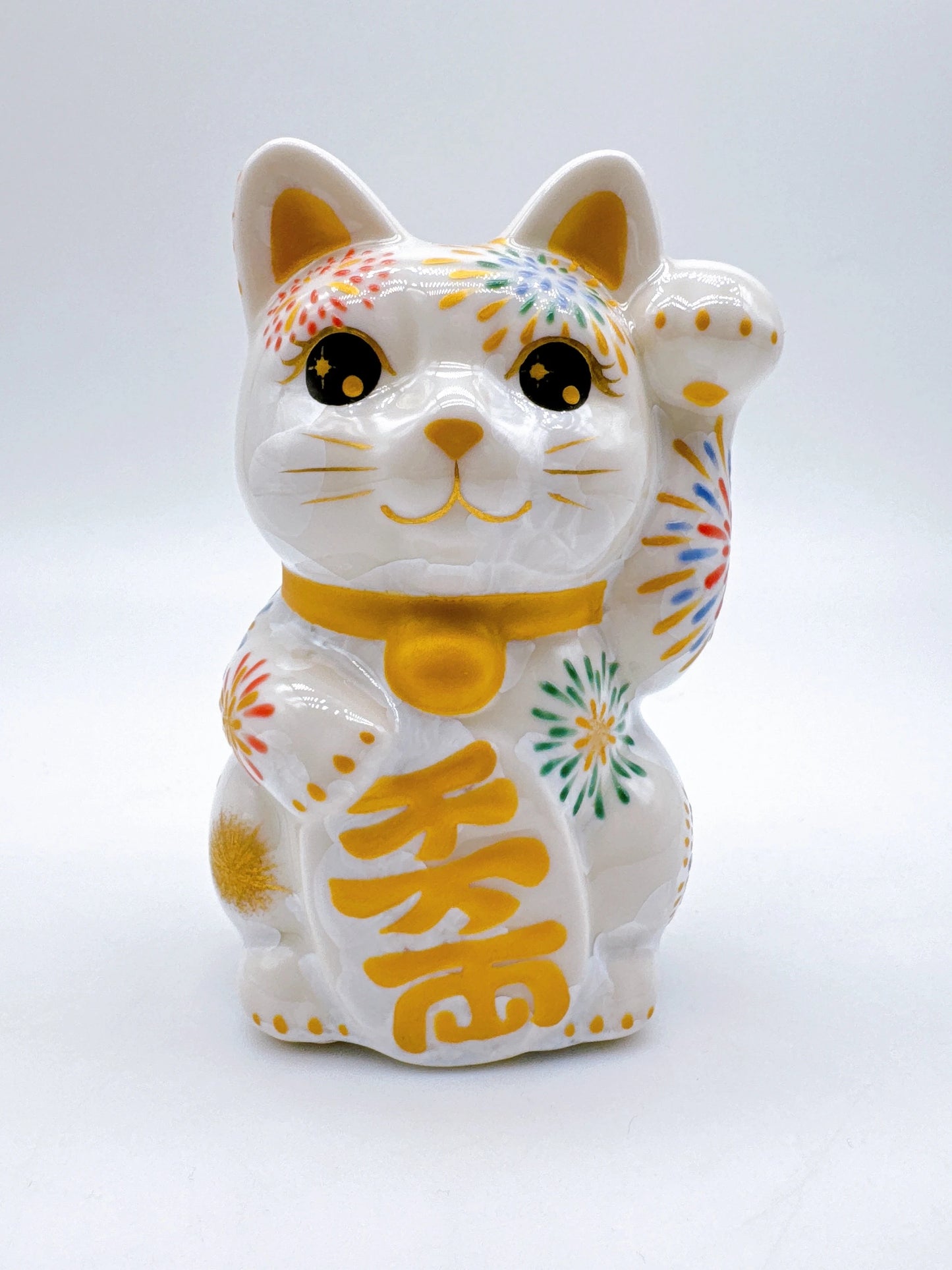 日本清水烧招财猫 花结晶 白 花火