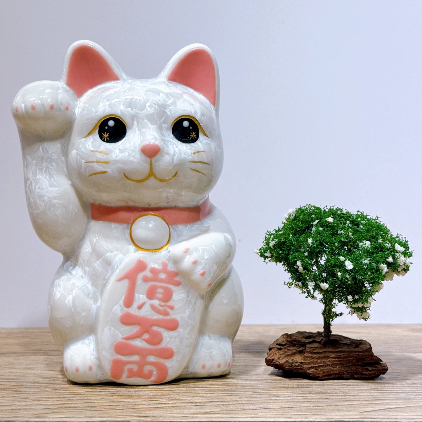 日本清水燒招財貓 花結晶 白 億万両 右