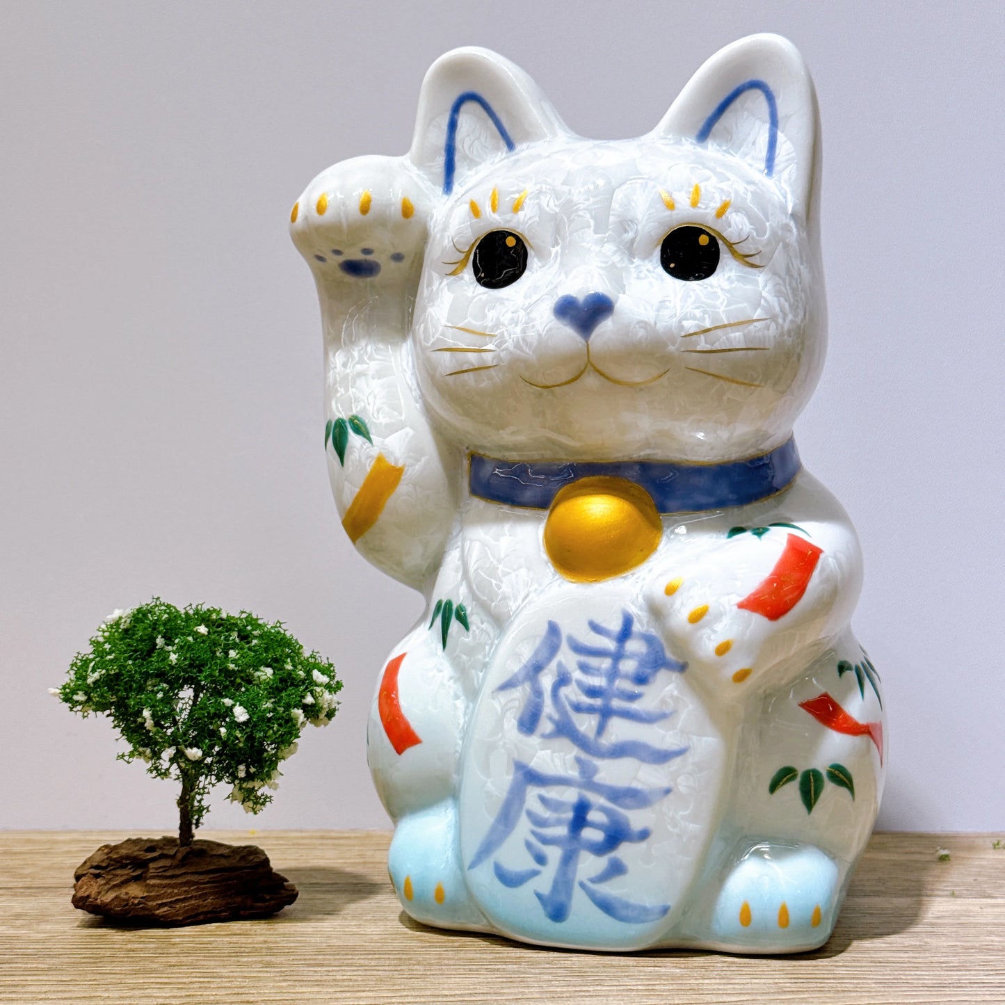 日本清水燒招財貓 花結晶 水白 健康 特大 右