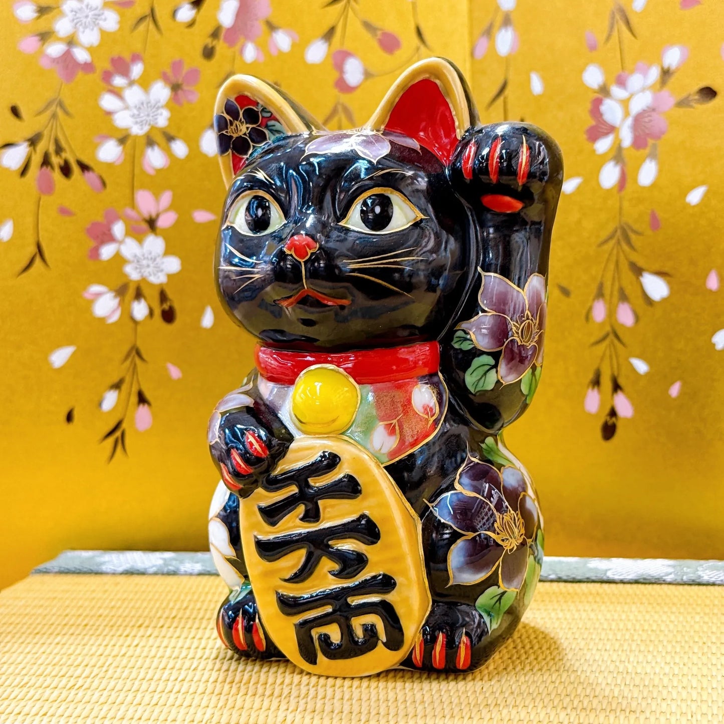 日本清水燒招財貓 黑地鐵線