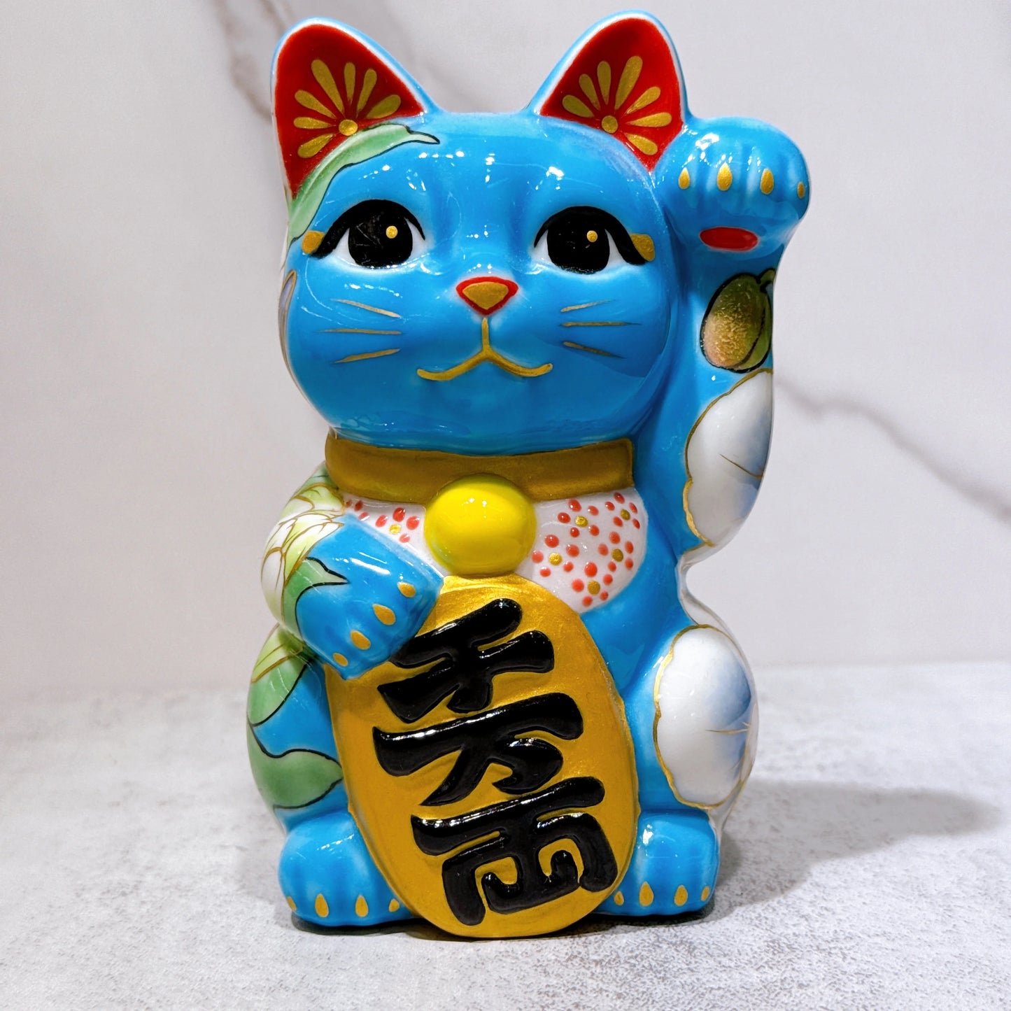 日本清水烧招财猫 色绘 水色 洋花