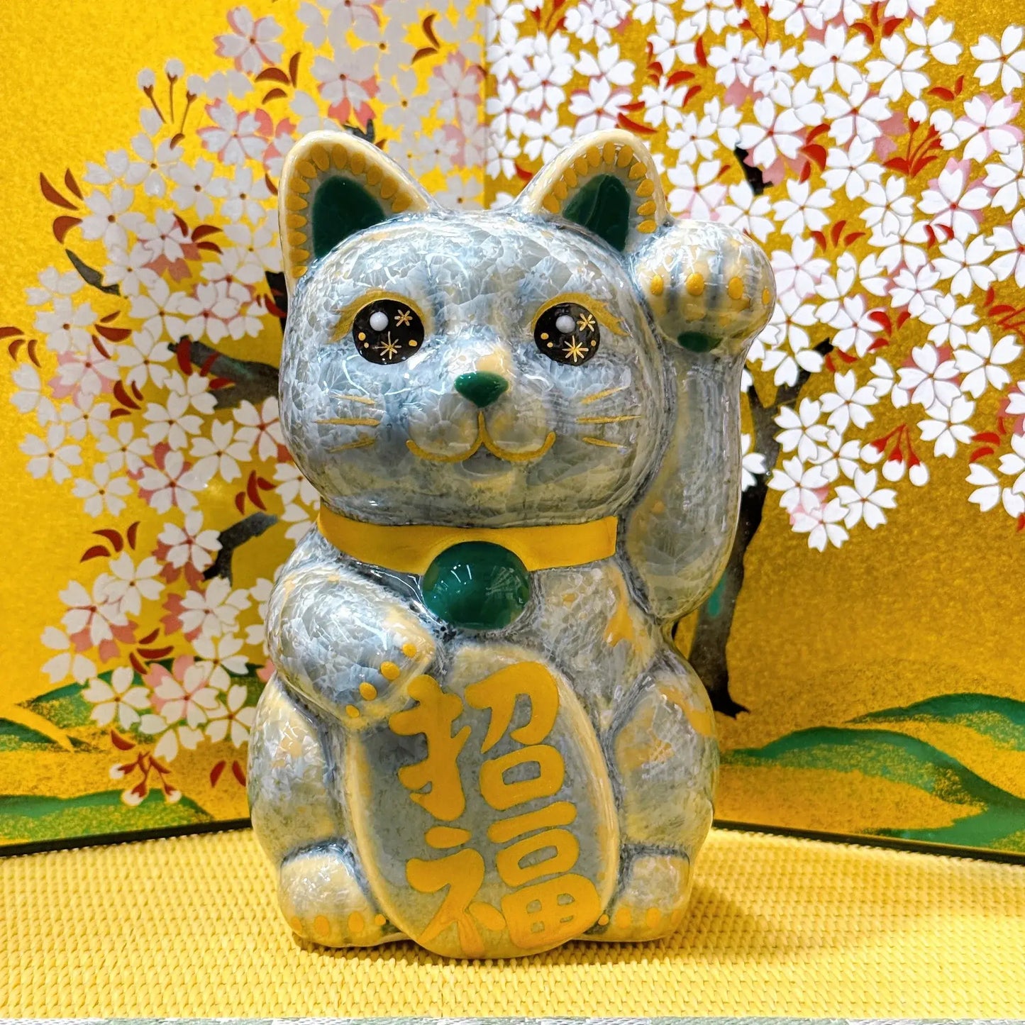 日本清水燒招財貓 花結晶 灰青 招福