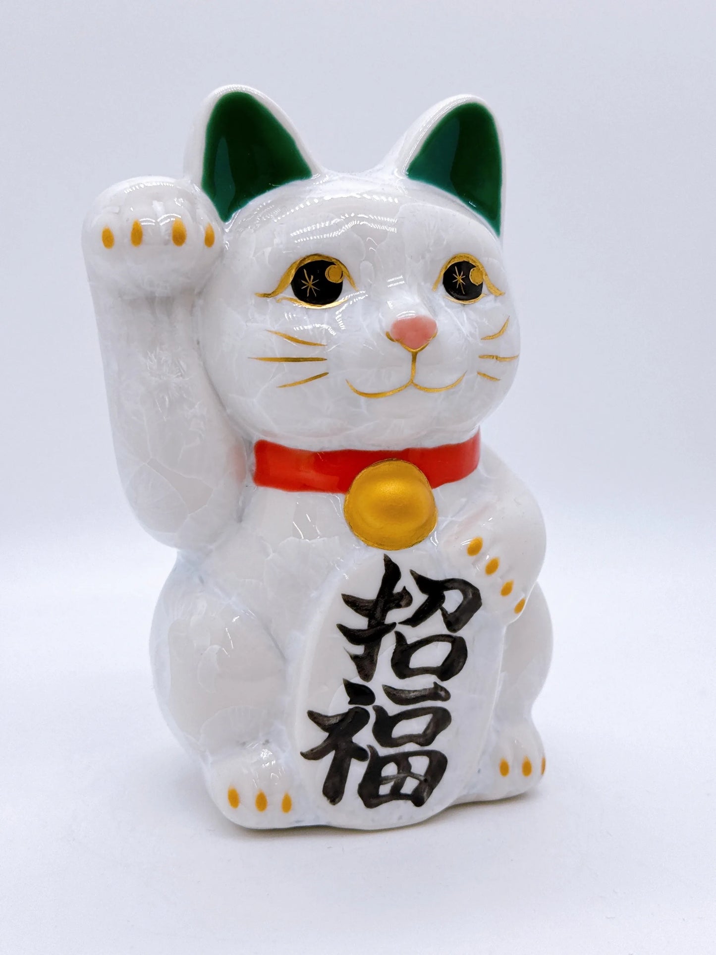 日本清水燒招財貓 花結晶 白 招福