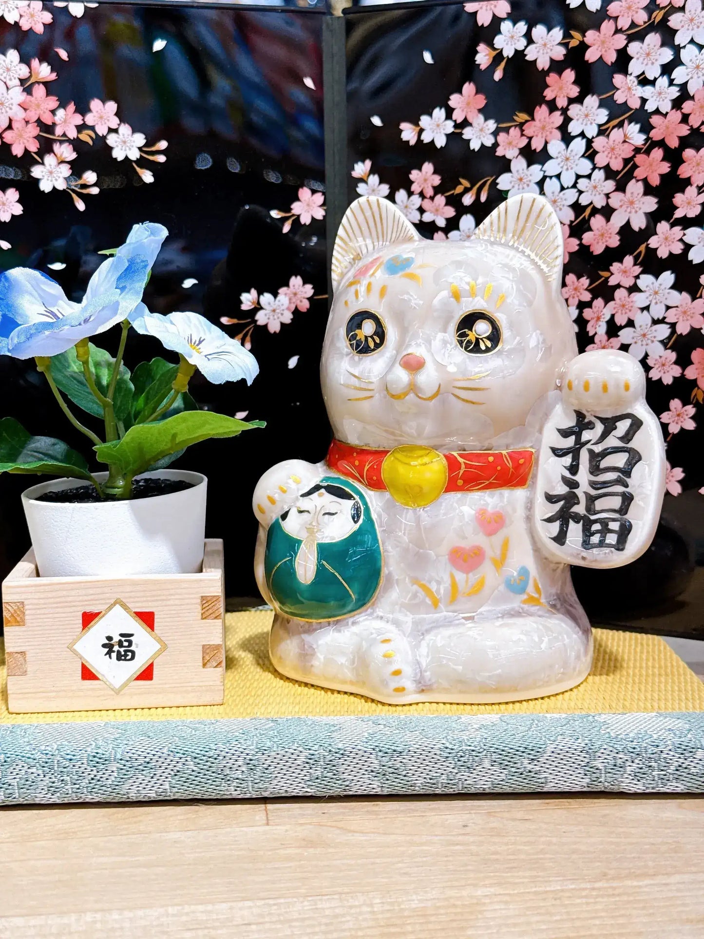 日本清水燒招財貓 達摩 花結晶 杏 招福