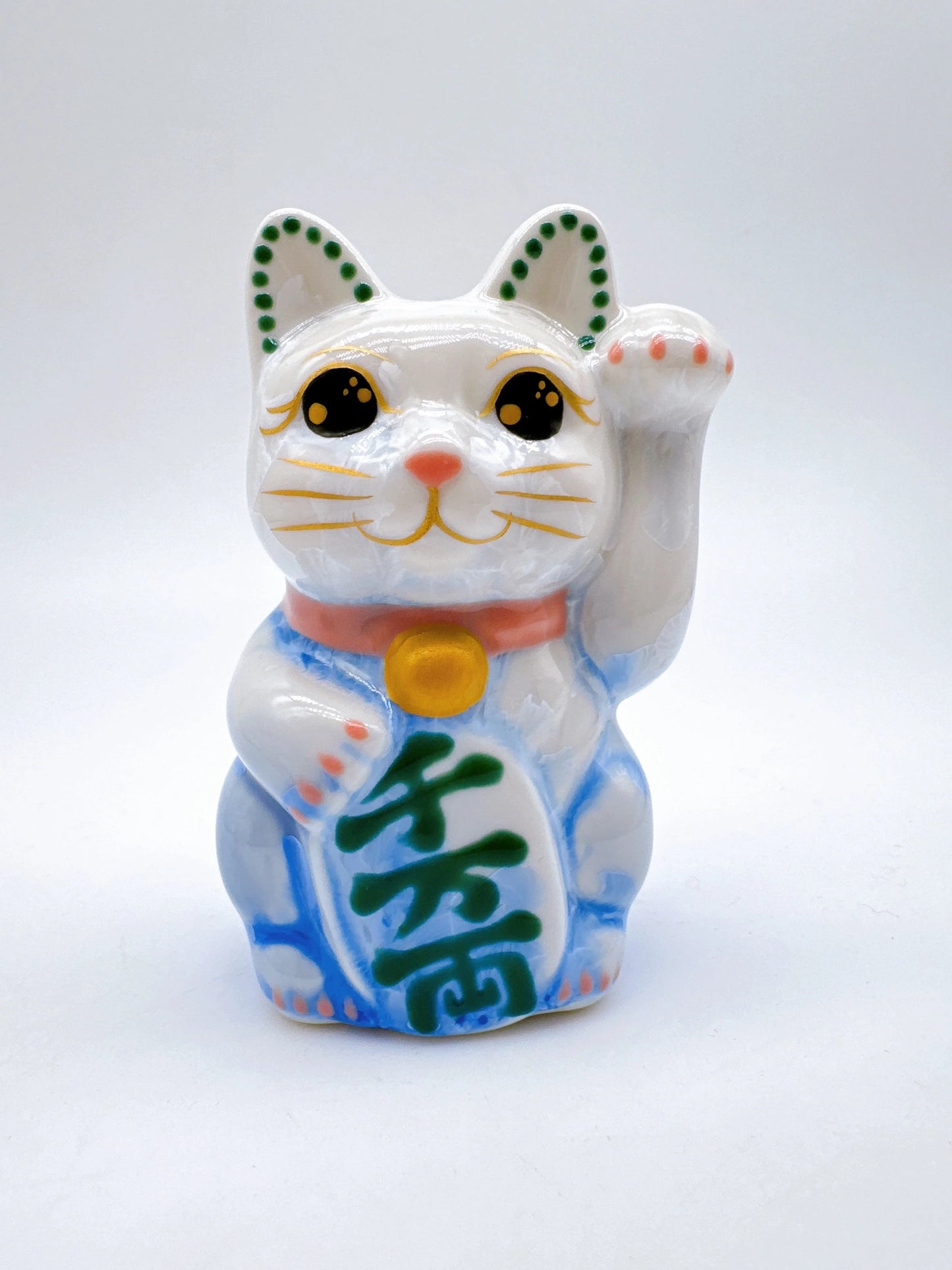 日本清水燒招財貓 花結晶 青白 千万両 左 特小