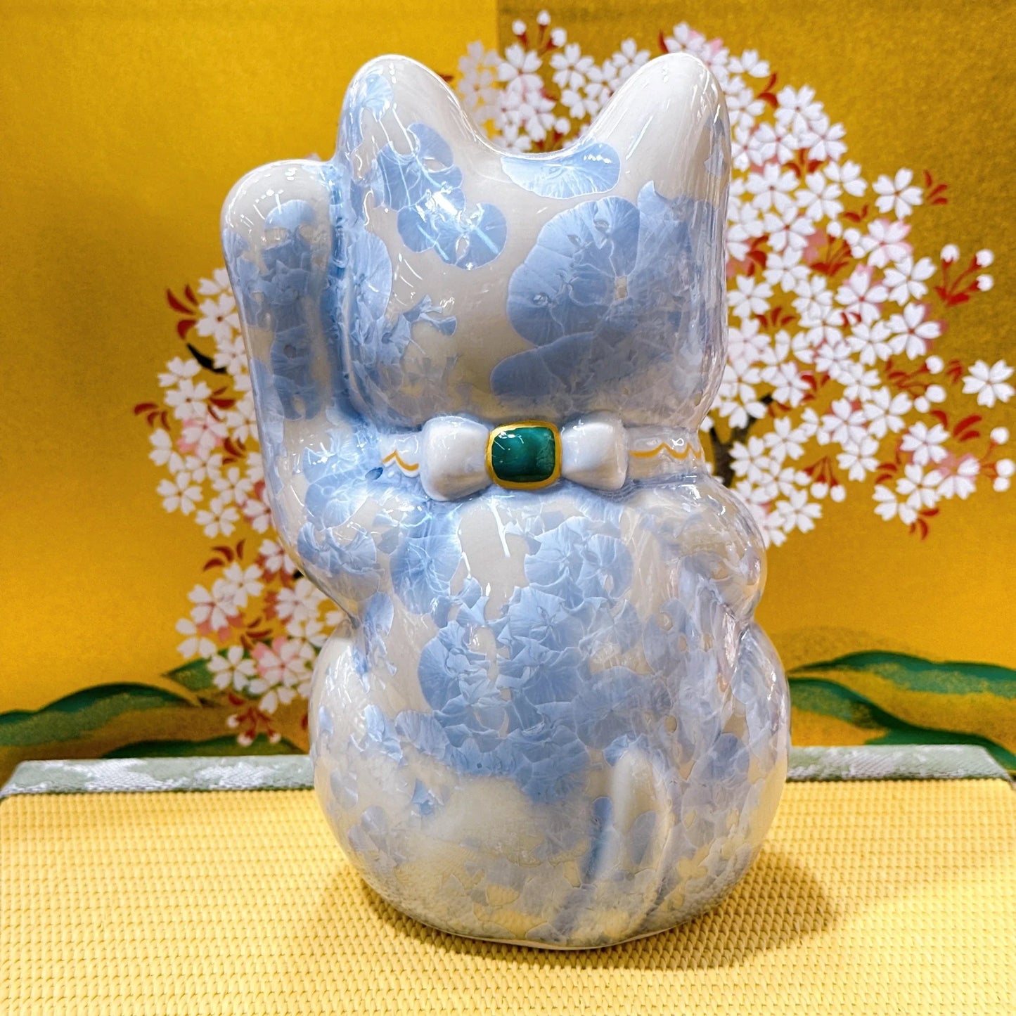 日本清水燒招財貓 花結晶 銀藤 億万両 左 中號