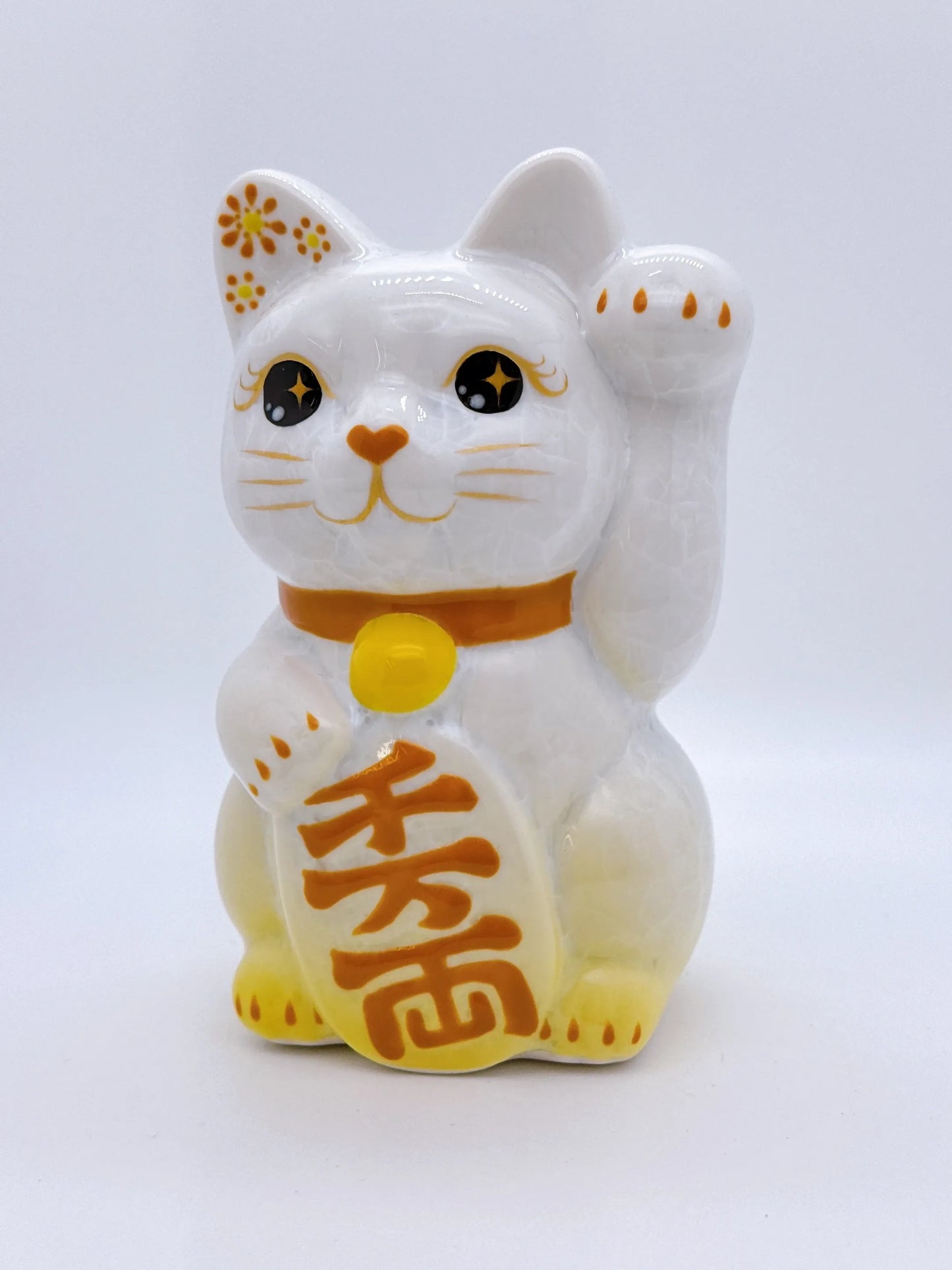 日本清水烧招财猫 花结晶 黄白 千万两 左