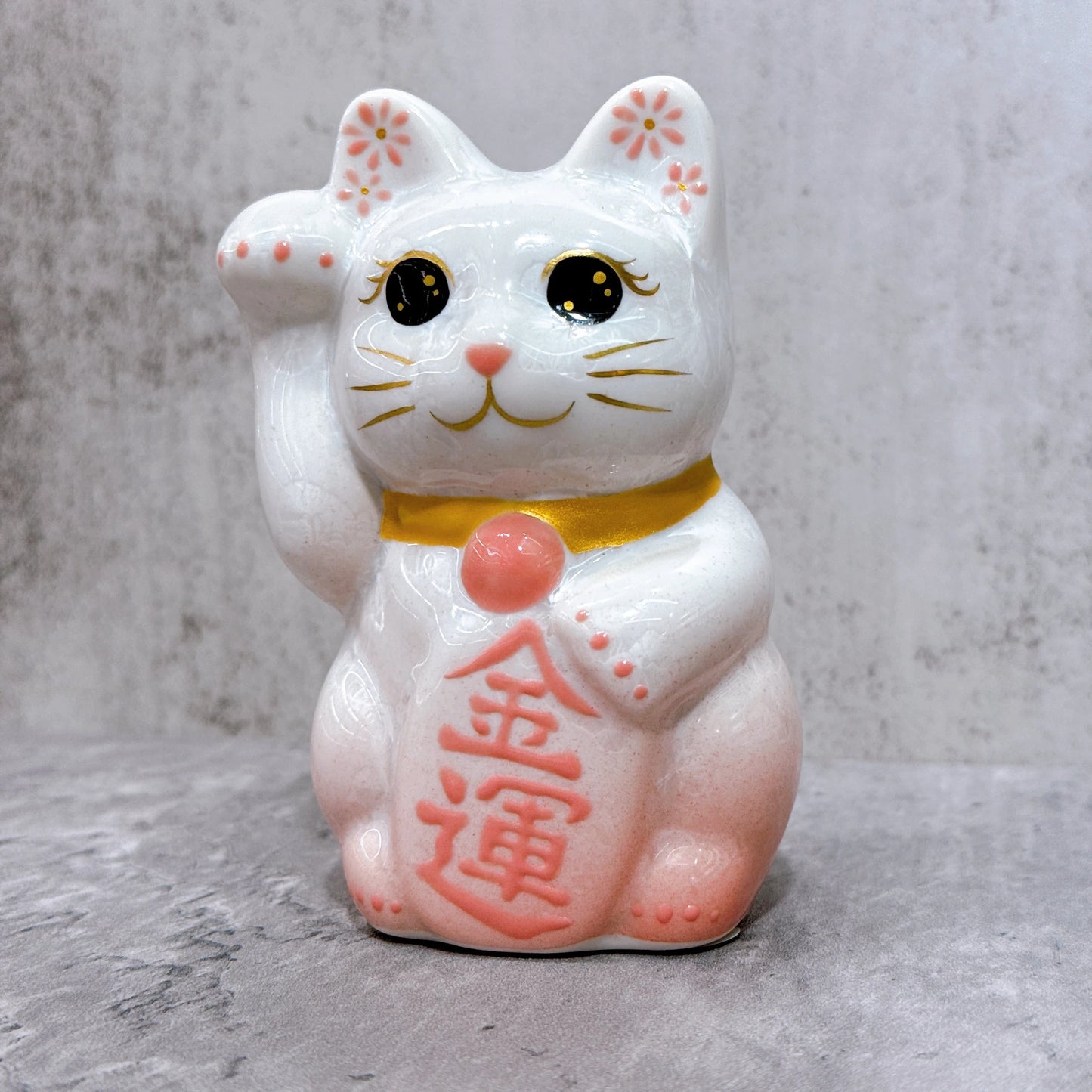 日本清水燒招財貓 花結晶 桃白 金運 右 特小