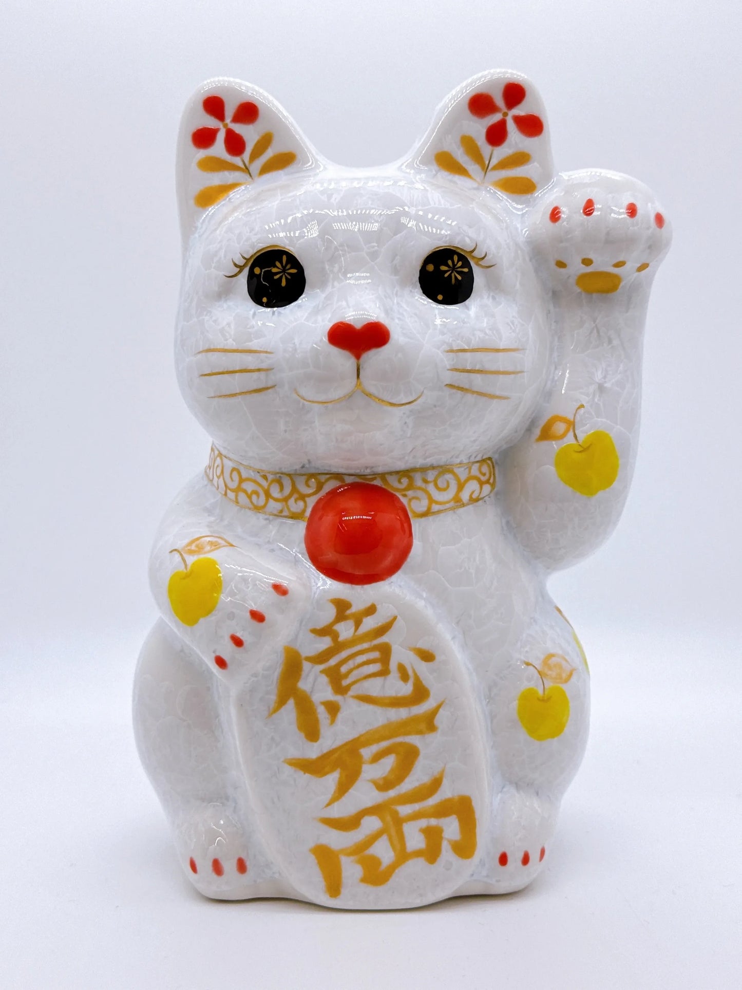 日本清水燒招財貓 花結晶 白 億万両 特大 左