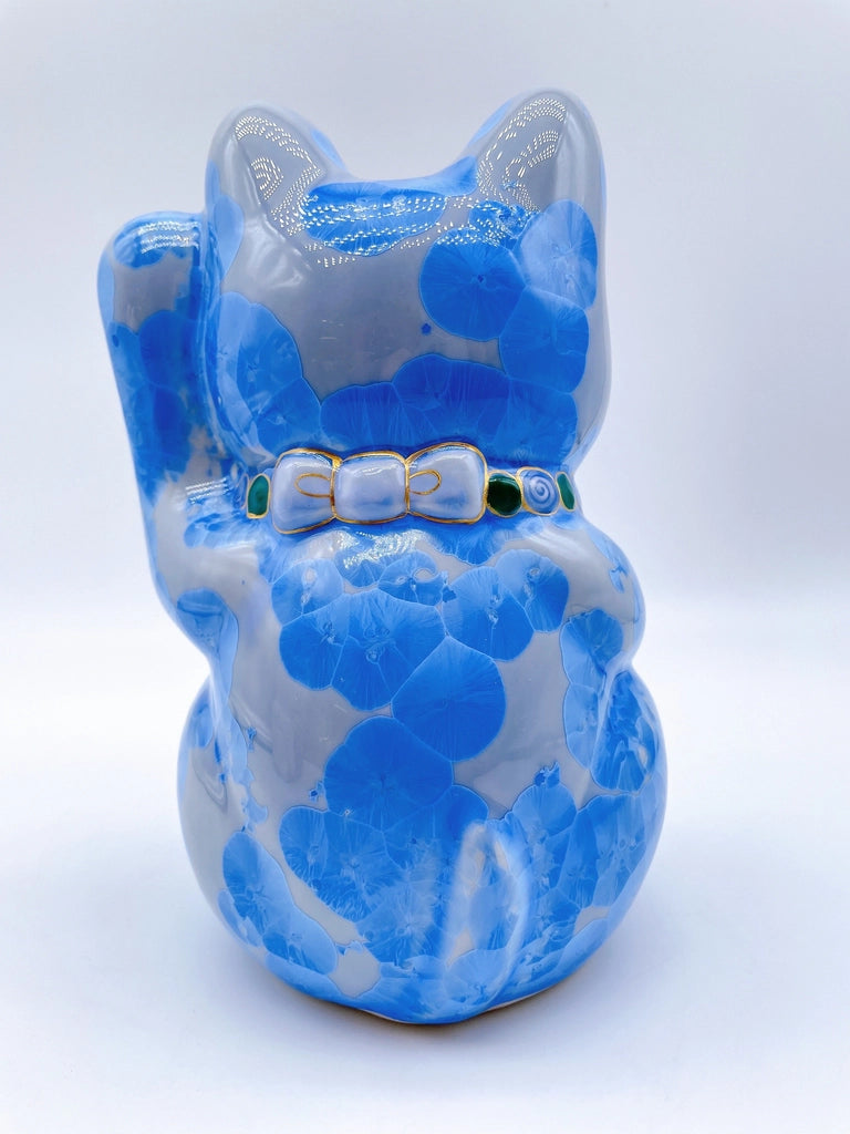 日本清水燒招財貓 花結晶 青 特大