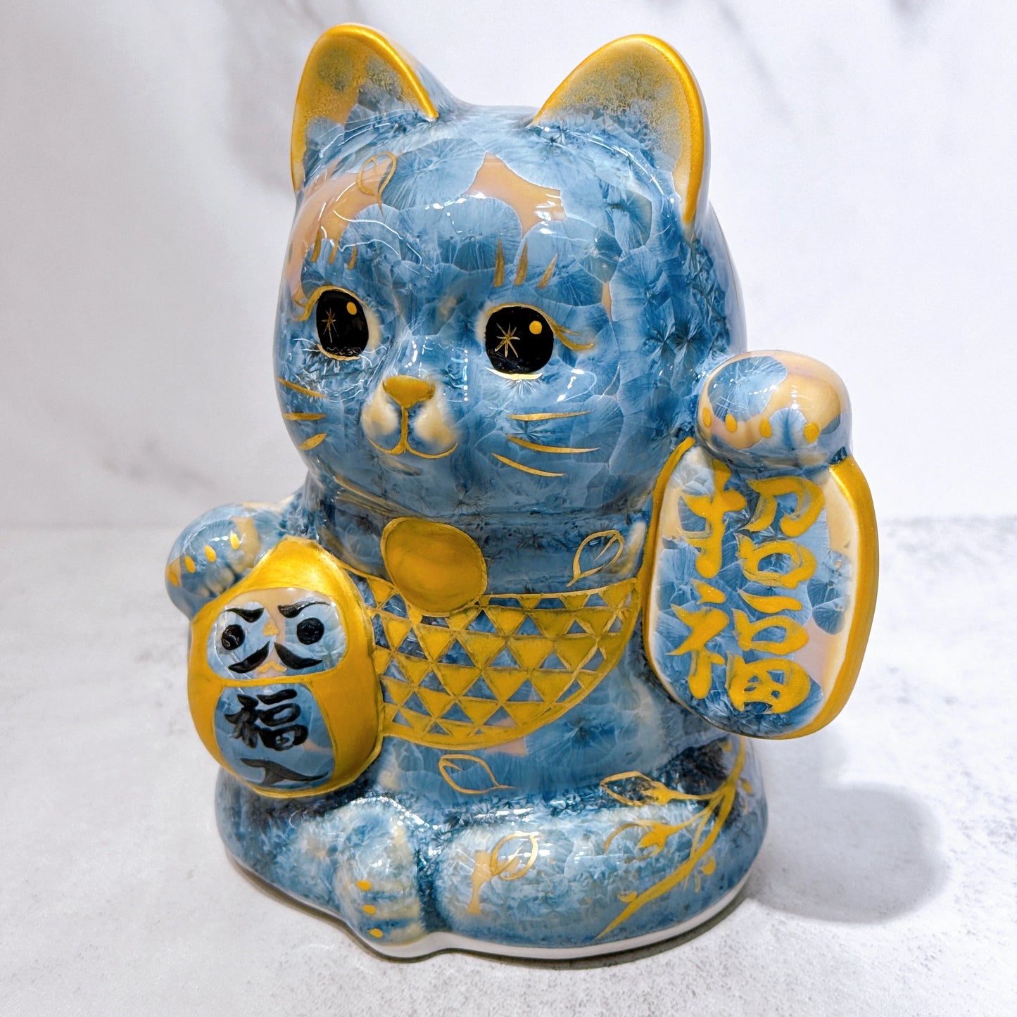 日本清水燒招財貓 達摩 花結晶 灰青 招福