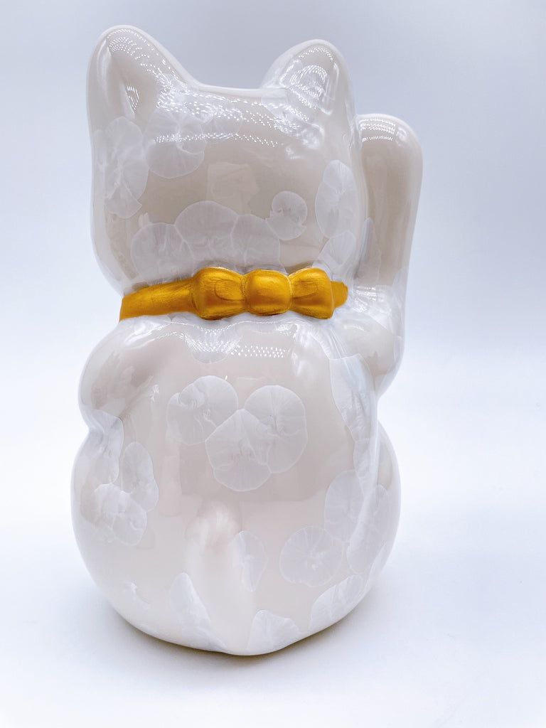 日本清水燒招財貓 花結晶 金白 特大