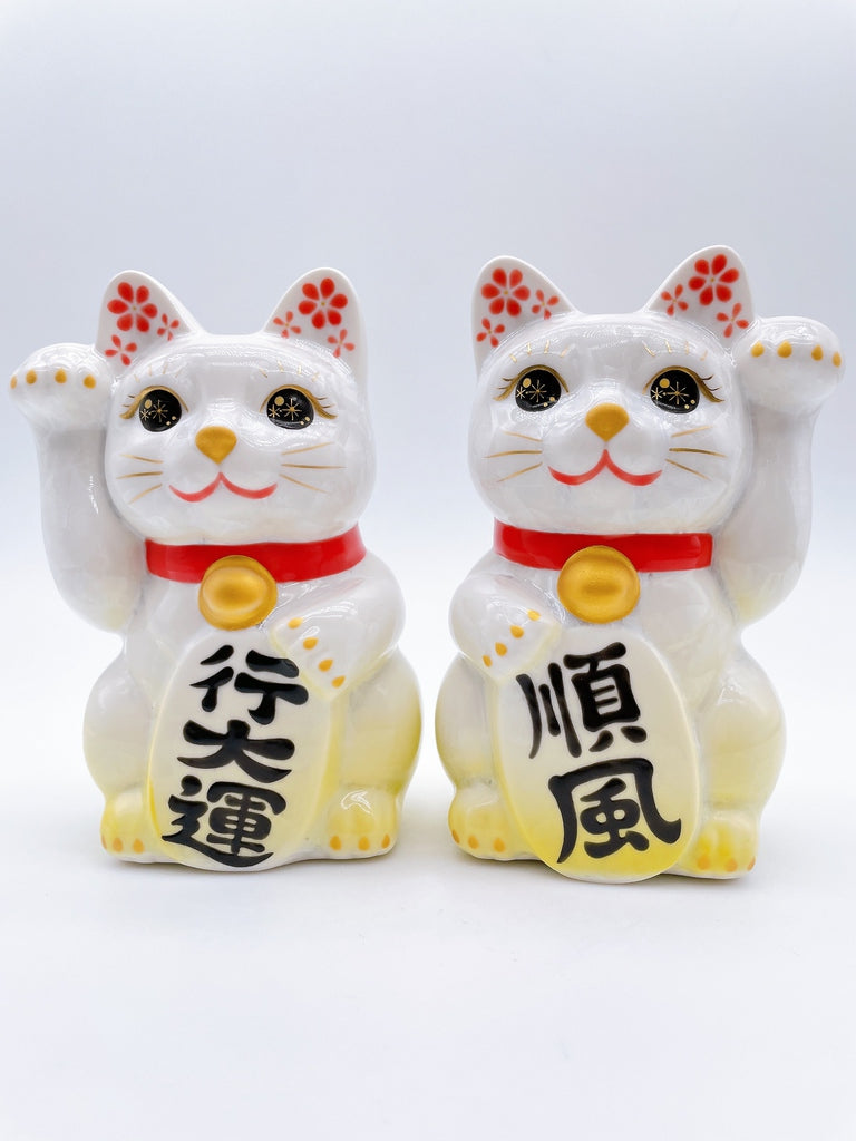 日本清水烧招财猫 花结晶 白黄 顺风