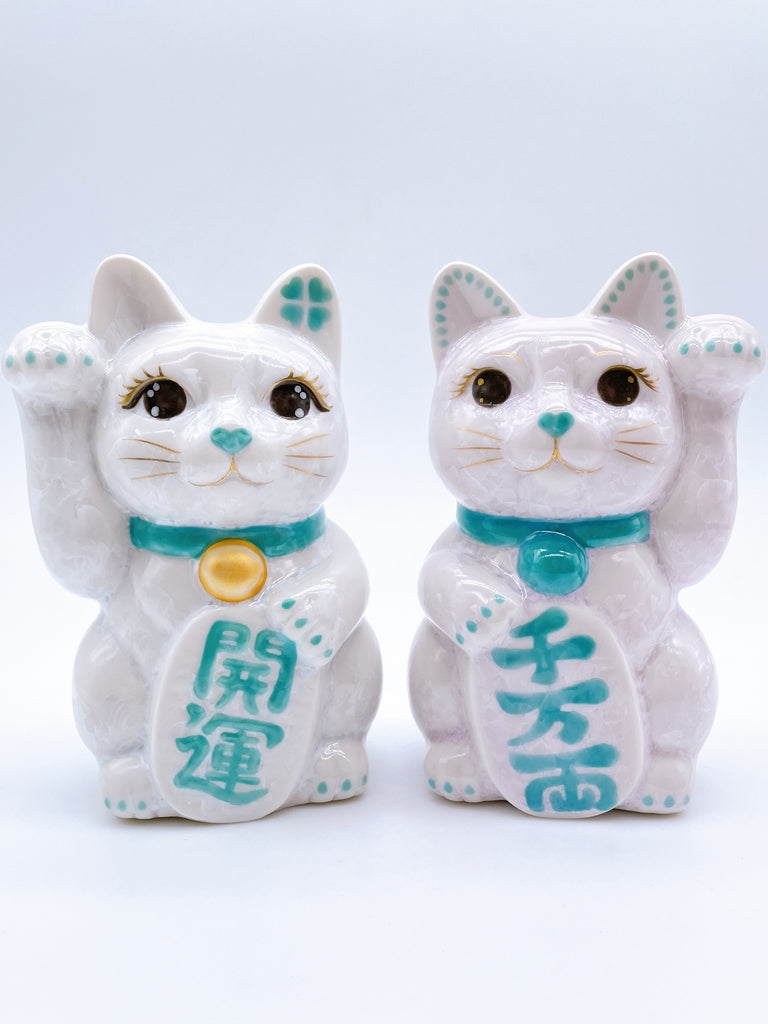 日本清水烧花结晶招财猫 白色 开运