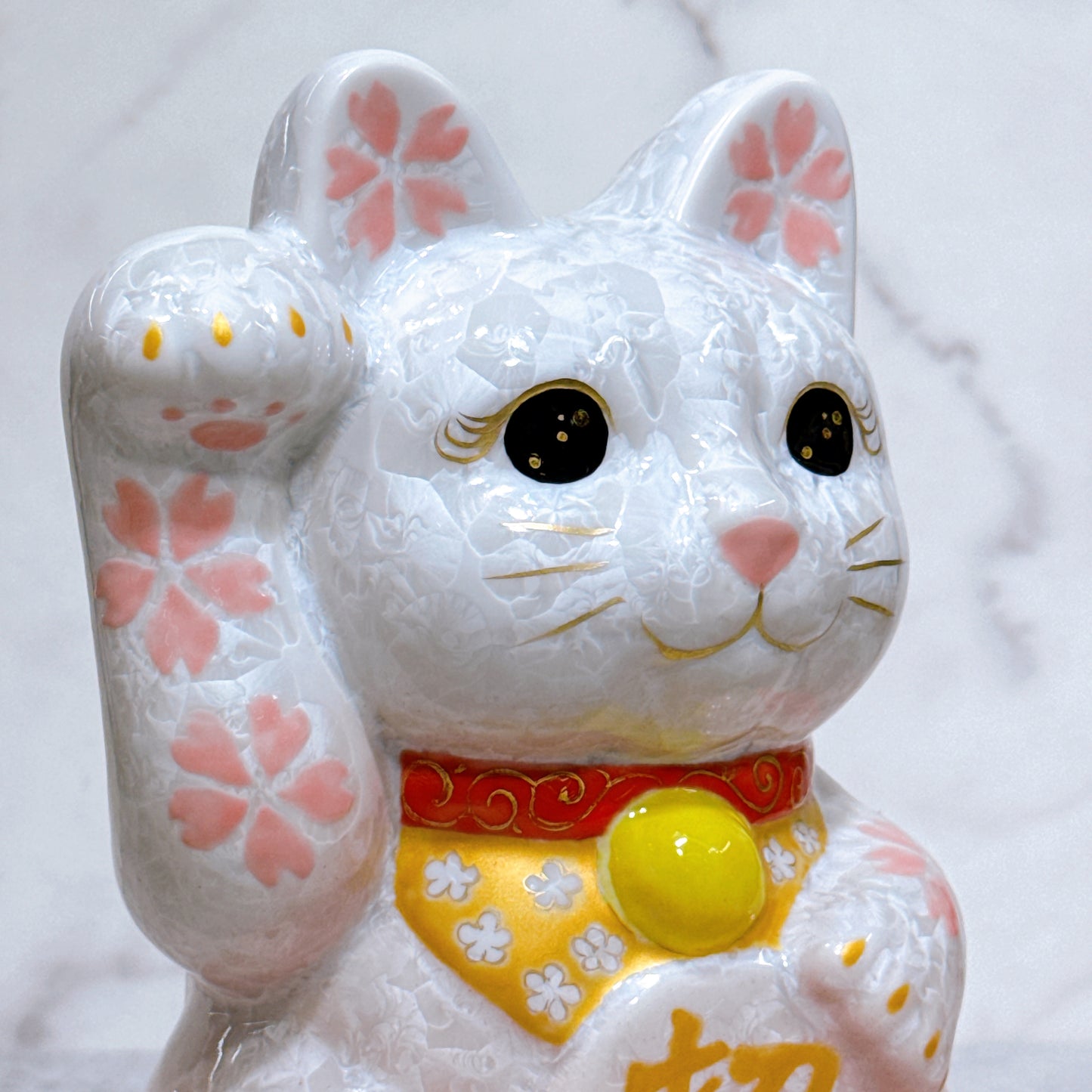 日本清水燒招財貓 花結晶 桃白 体花 特大 右