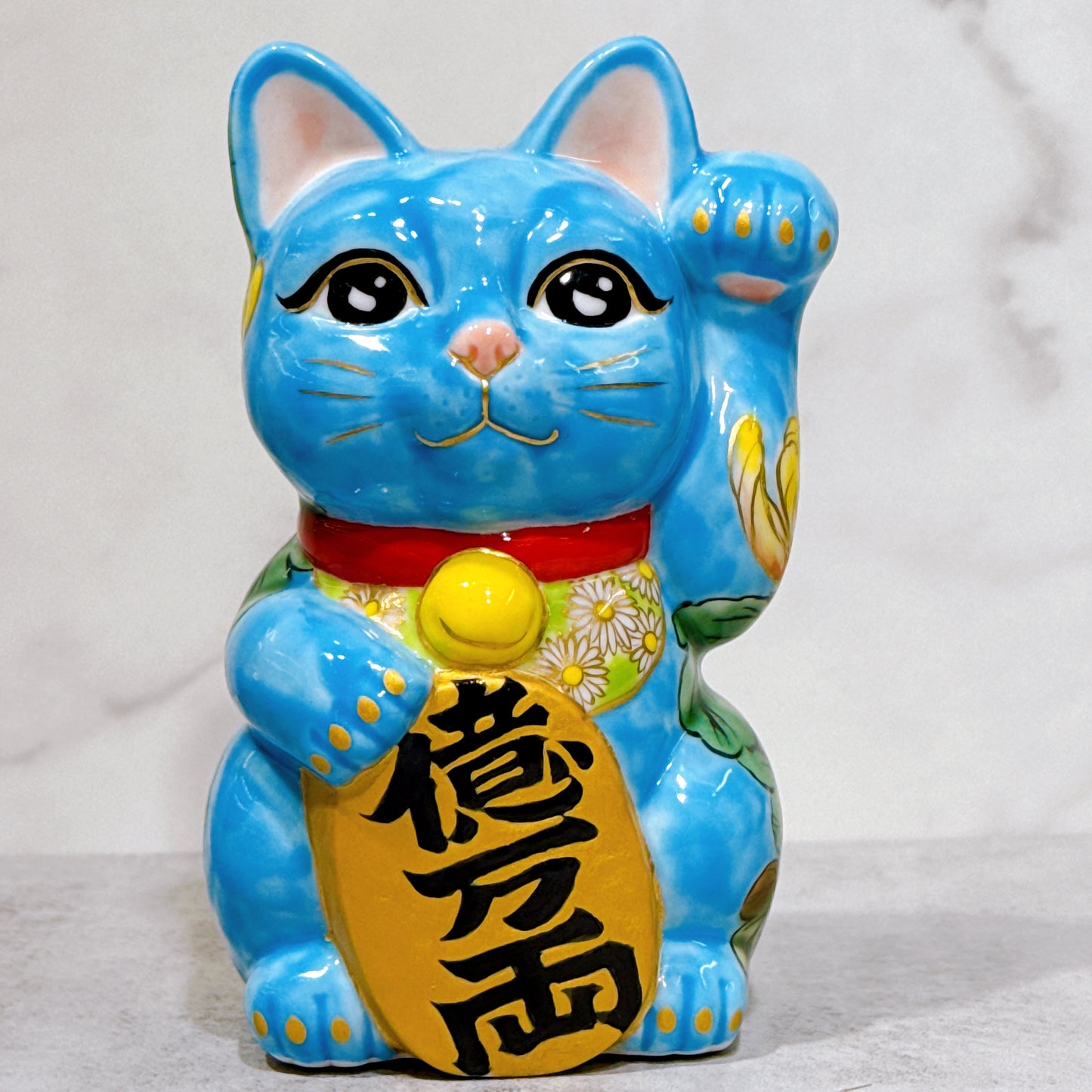 日本清水燒招財貓 色繪 水色黃菊