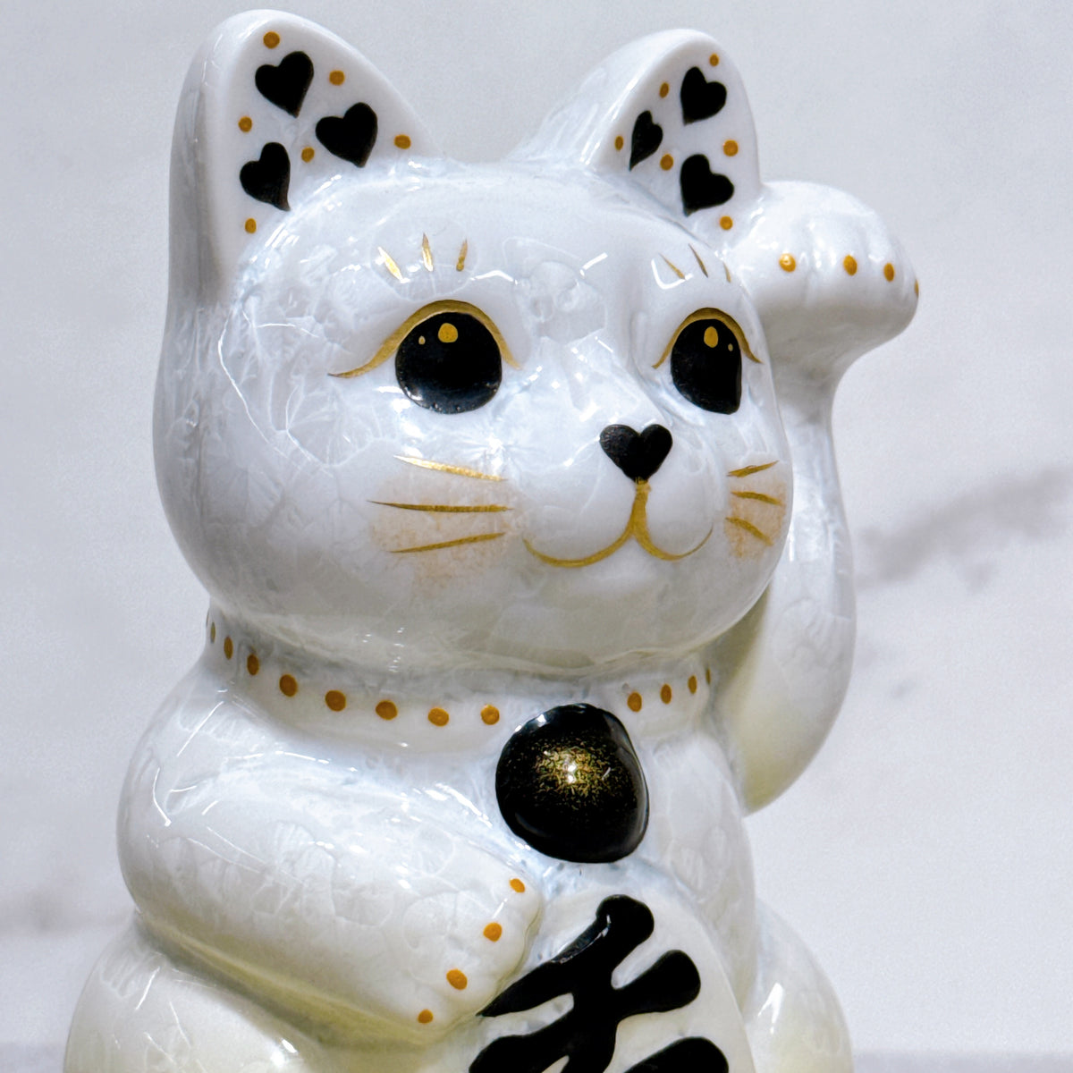 日本清水燒招財貓 花結晶 黃白 左
